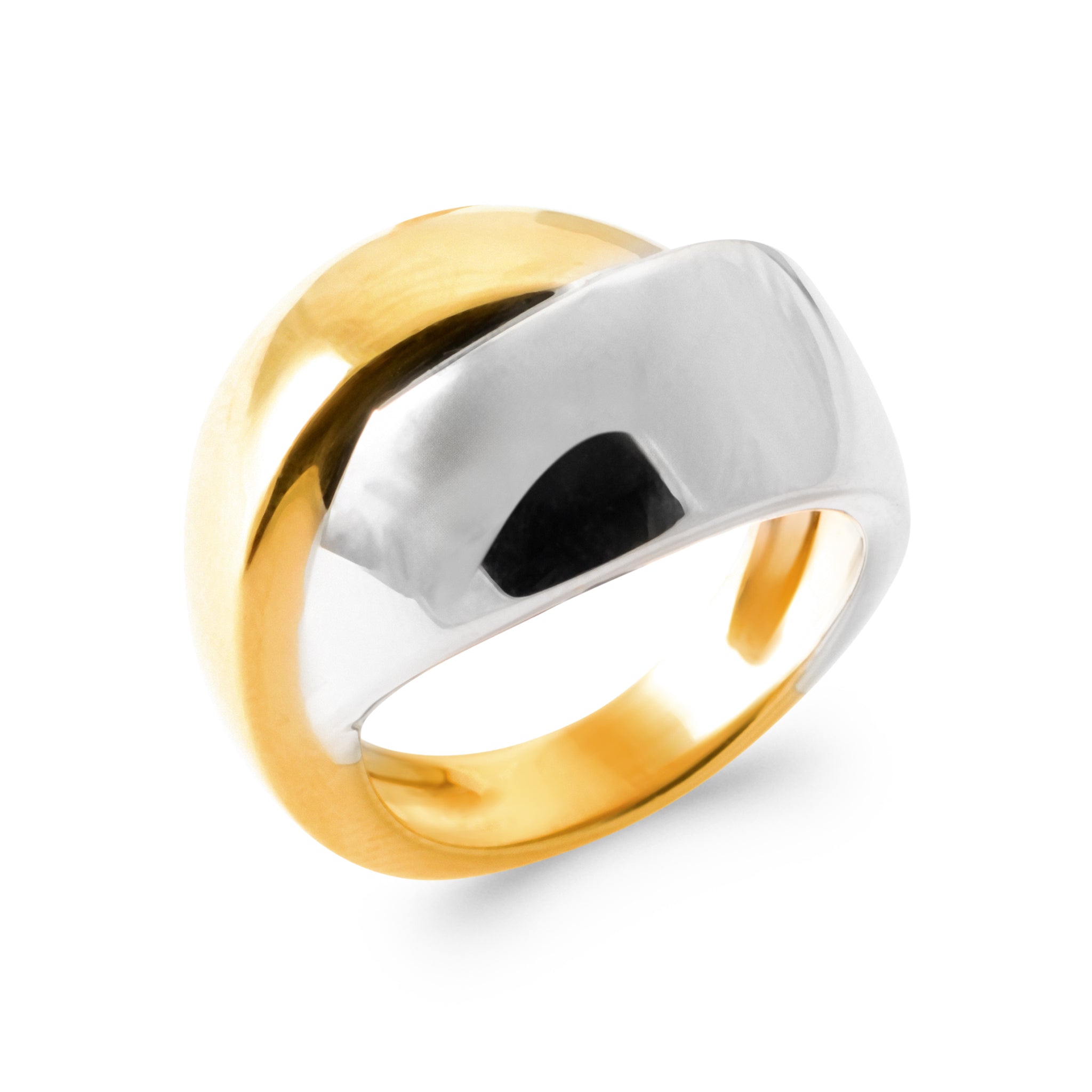 Grosse bague statement Lee bicolore argentée et dorée - Bijou photographié sur fond blanc 
