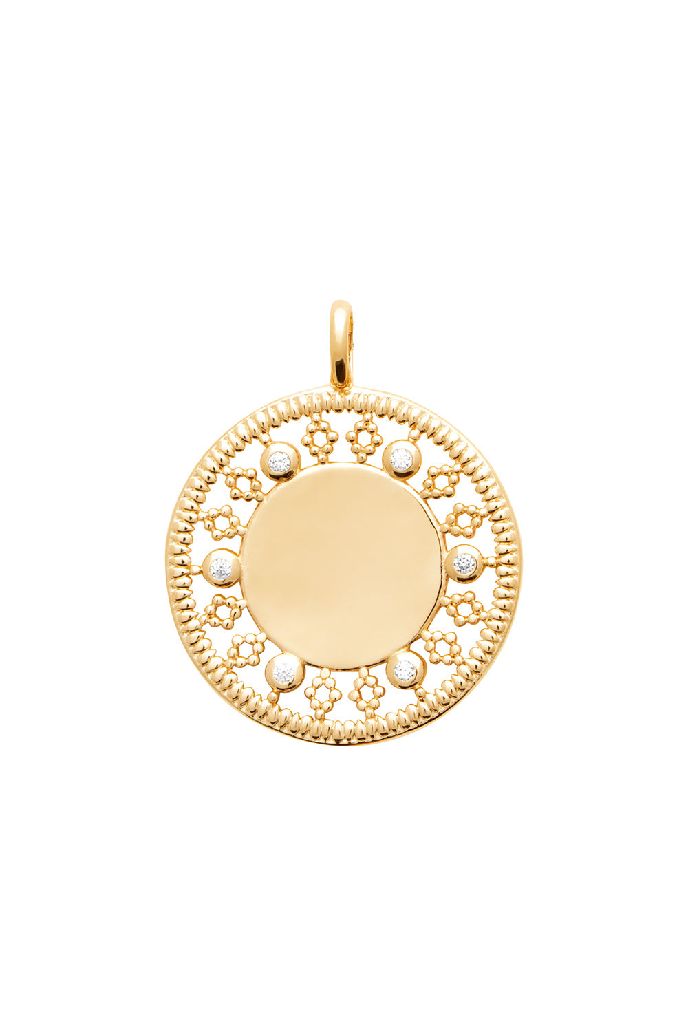 Collier personnalisable doré Rita avec médaille au contour orné de motifs délicatement ajourés et sertis de zircons - Bijou sur fond blanc