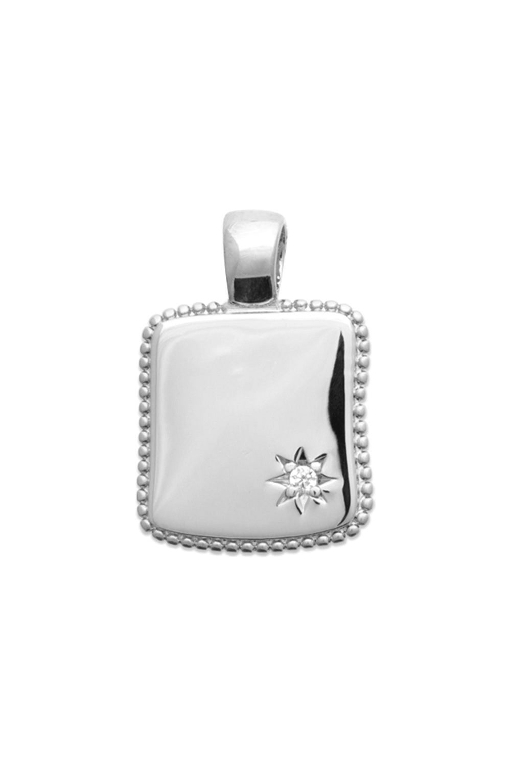Médaille en argent Rosalie carrée avec bordure perlée et étoile sertie d'un zircon pour gravure - Bijou sur fond blanc