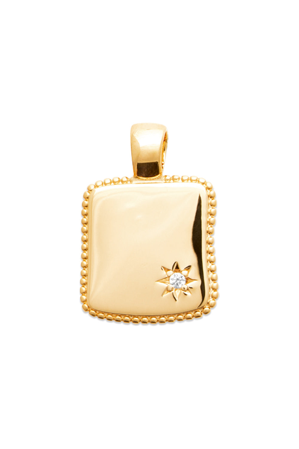 Médaille dorée Rosalie carrée avec bordure perlée et étoile sertie d'un zircon pour gravure - Bijou sur fond blanc