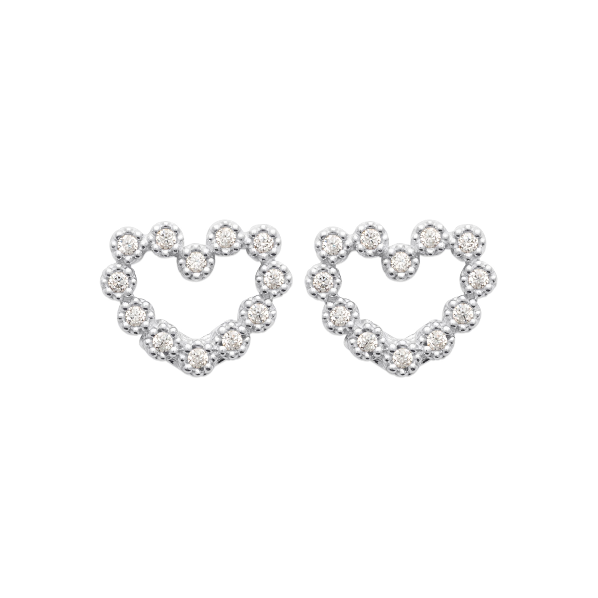 Boucles d'oreilles puces Léa en forme de cœurs serties de zircons - Bijou photographié sur fond blanc 