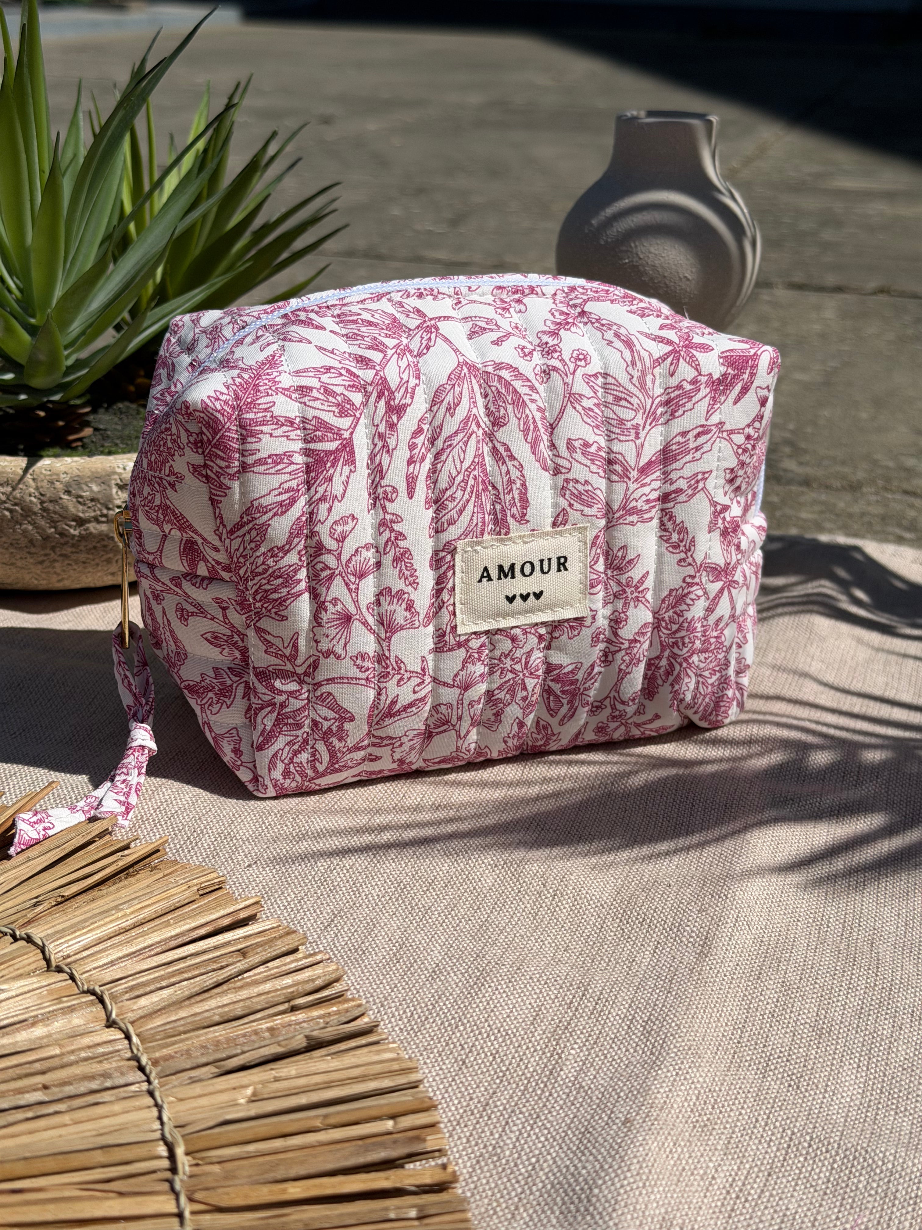Trousse à zip motif jouy rose et blanc - Accessoire