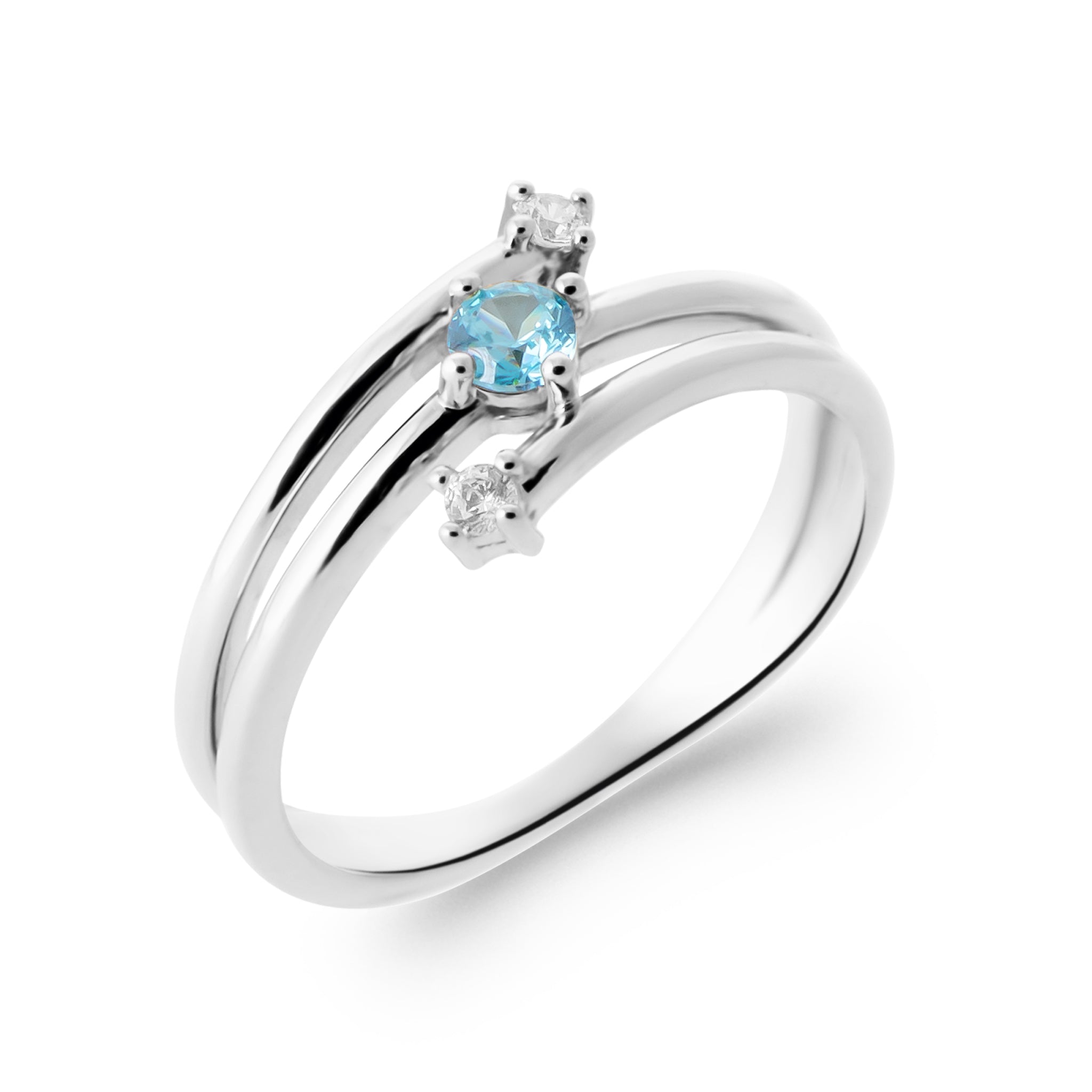 Bague effet multiple Queena double bleue en argent avec zircons bleu et blanc - Bijou photographié sur fond blanc