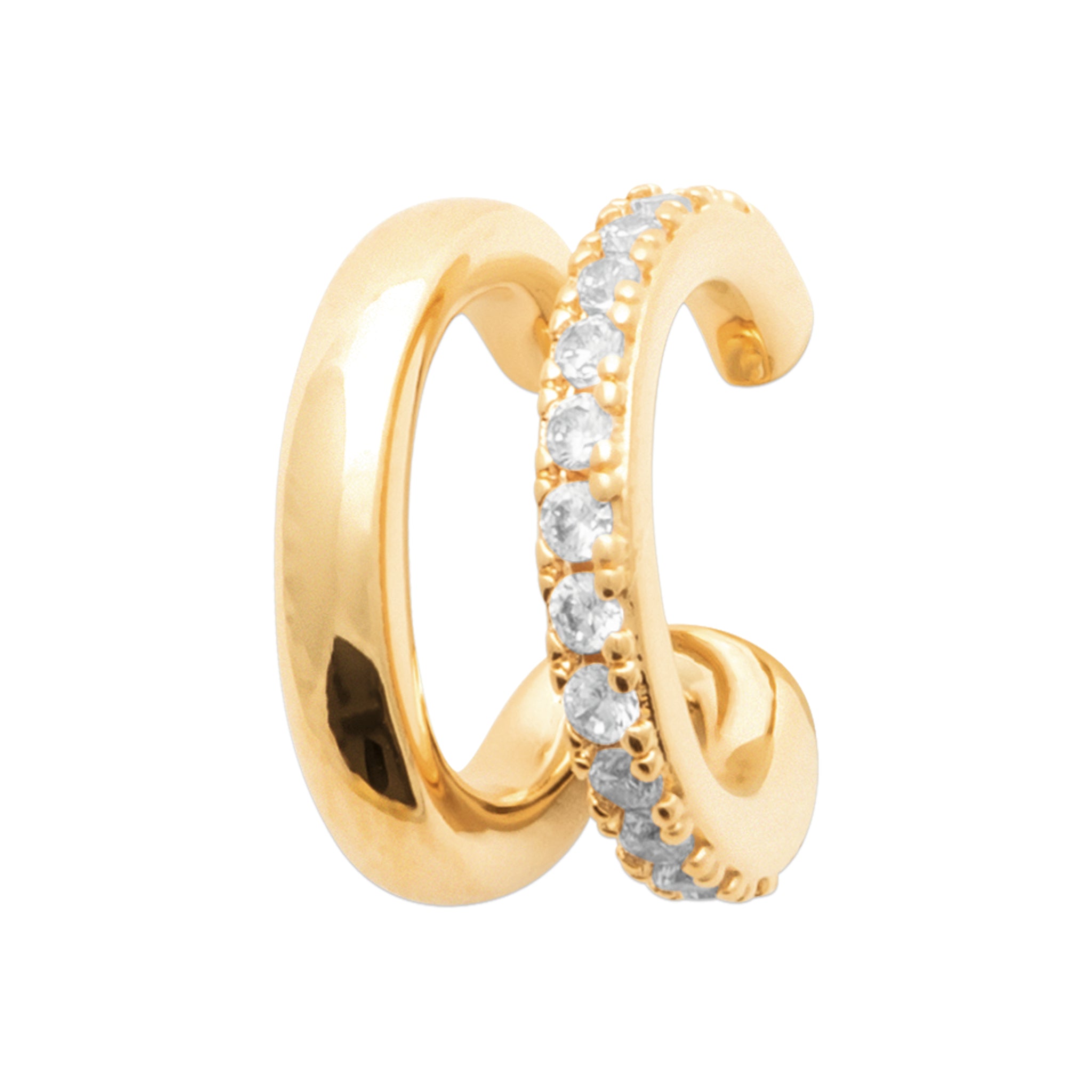 Bague d'oreille dorée Lili effet double sertie de zircons - Bijou sur fond blanc