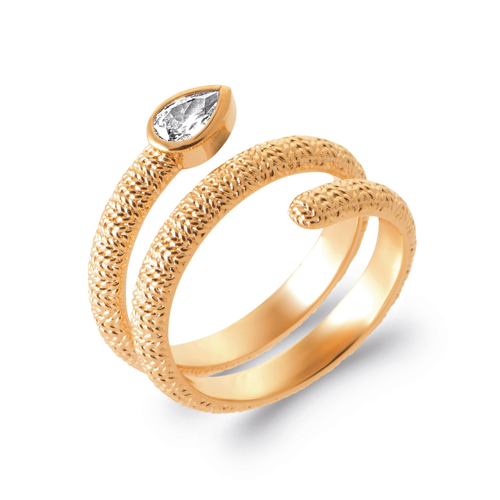 Bague dorée Abi zircon en spirale texturée ornée d'un zircon - Bijou photographié sur fond blanc