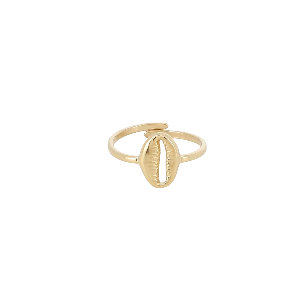 Bague dorée Cauri ajustable à motif coquillage cauri - Bijou sur fond blanc