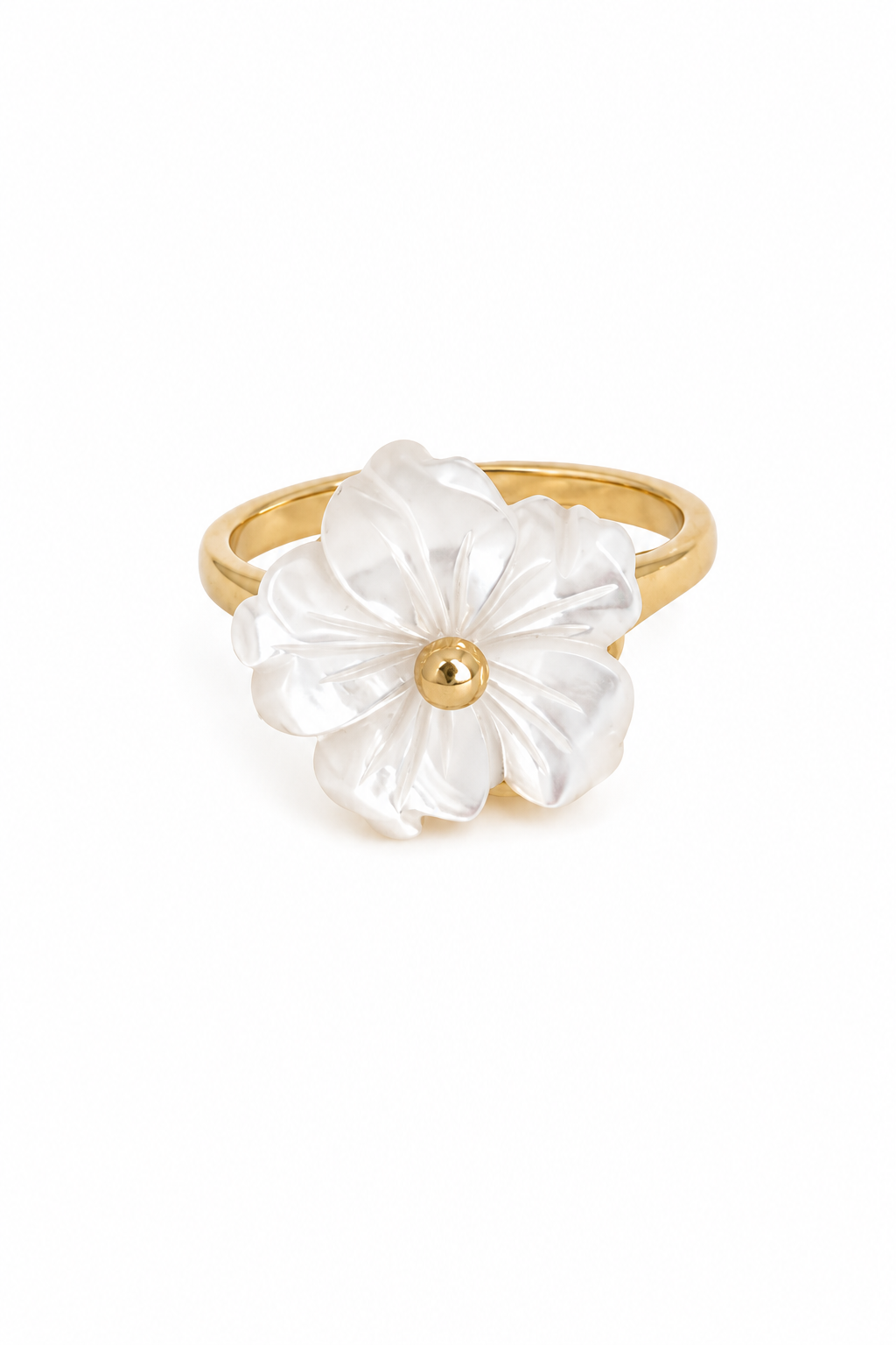 Bague anti-stress dorée Iris ajustable ornée d'une fleur en nacre tournante - Bijou sur fond blanc