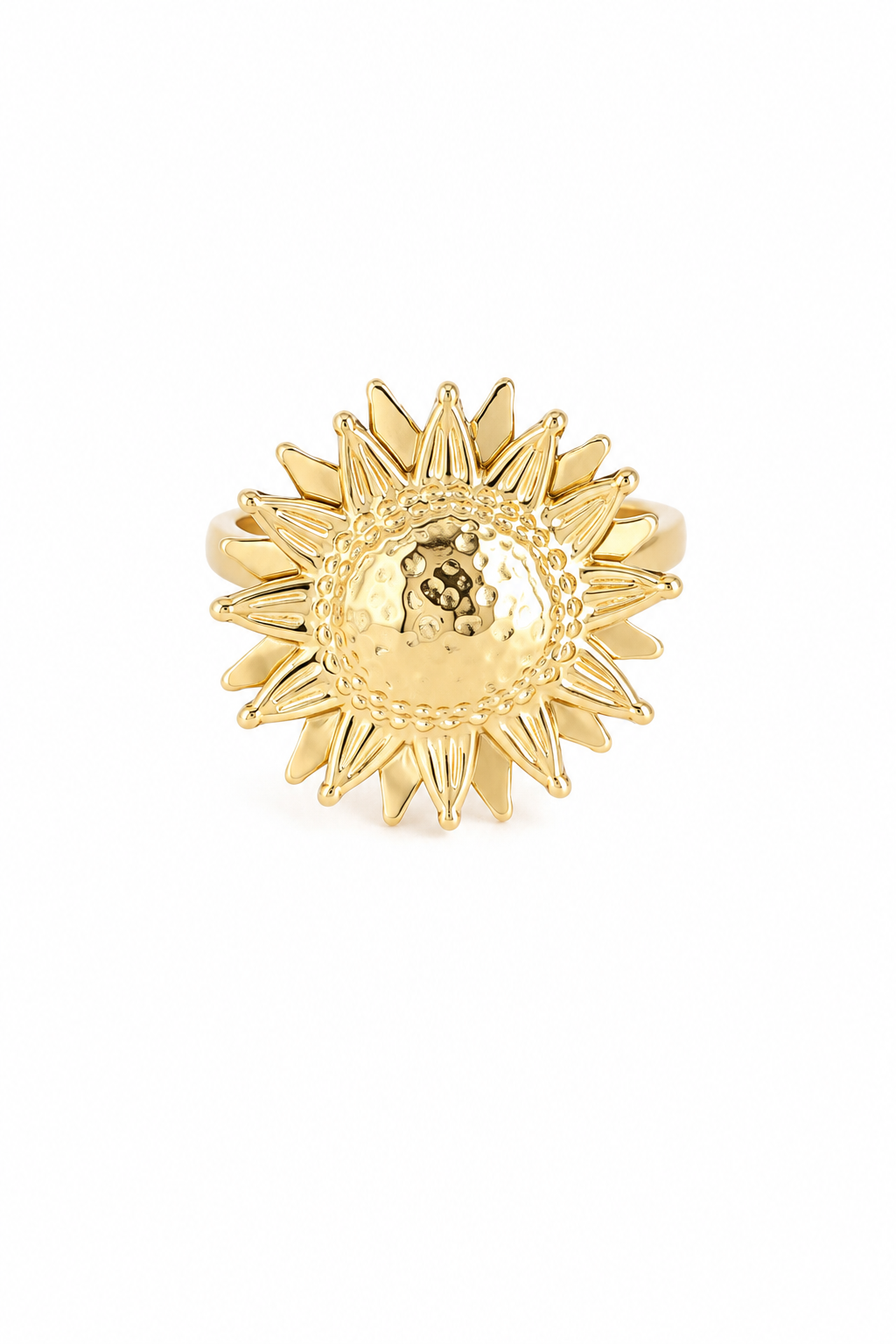 Bague anti-stress dorée Michaela ajustable ornée d'un soleil tournant - Bijou sur fond blanc