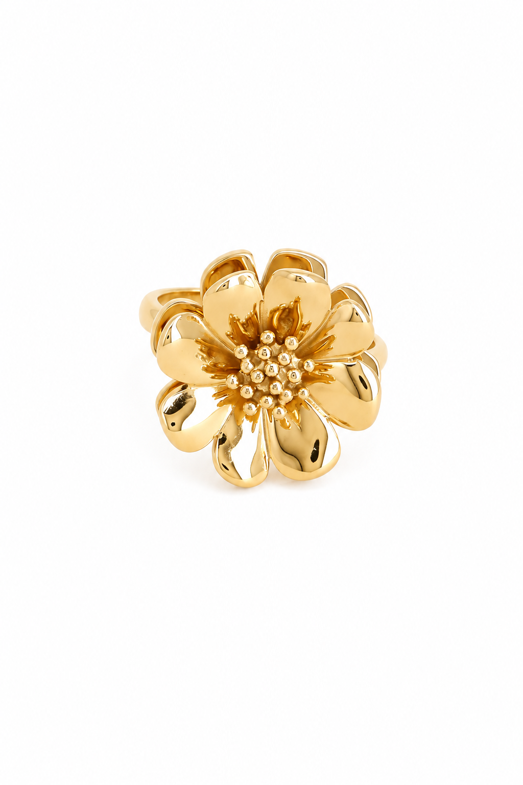  Bague anti-stress dorée Morine ajustable ornée d'une fleur tournante - Bijou sur fond blanc