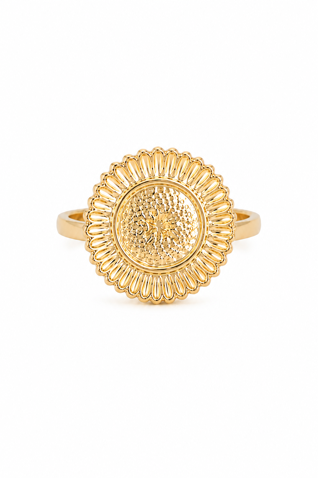 Bague anti-stress Noah dorée ajustable ornée d'un tournesol tournant - Bijou sur fond blanc