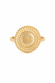 Bague anti-stress Noah dorée ajustable ornée d'un tournesol tournant - Bijou sur fond blanc