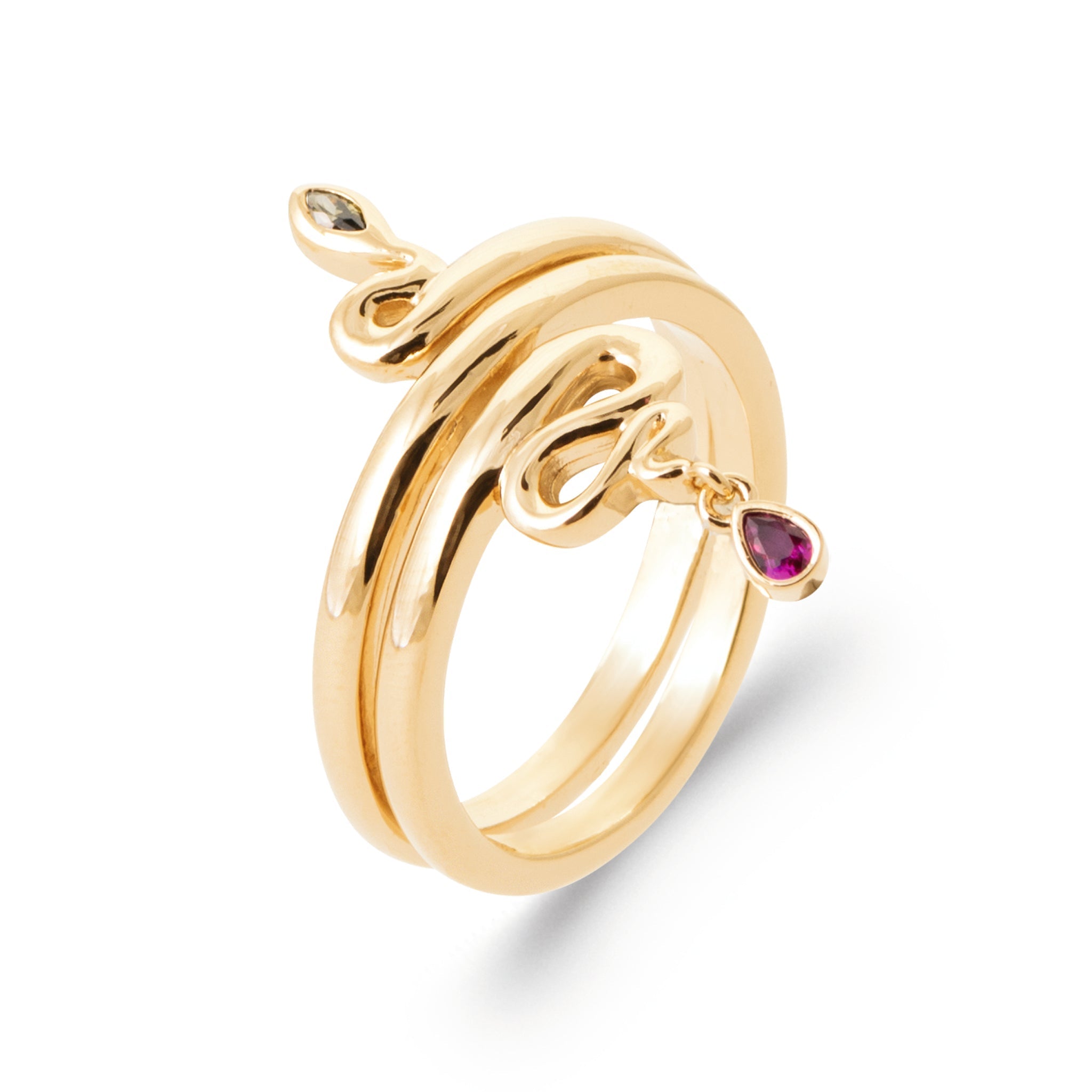 Bague dorée serpent avec zircon vert et pendentif zircon rose - Bijou photographié sur fond blanc