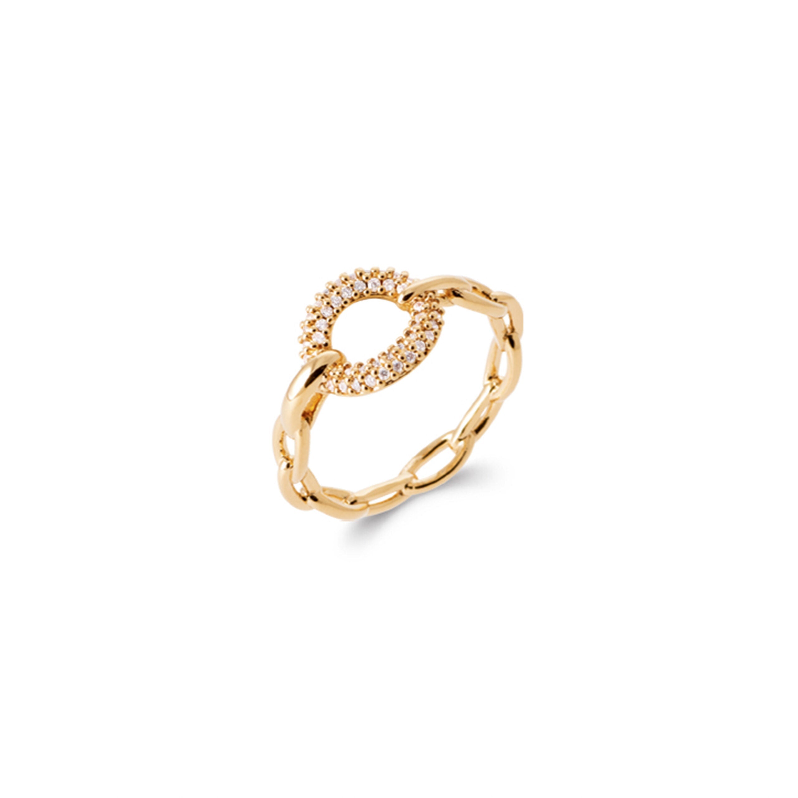 Bague dorée Rosaly zircons en maille ornée d'un cercle serti de zircons - Bijou sur fond blanc