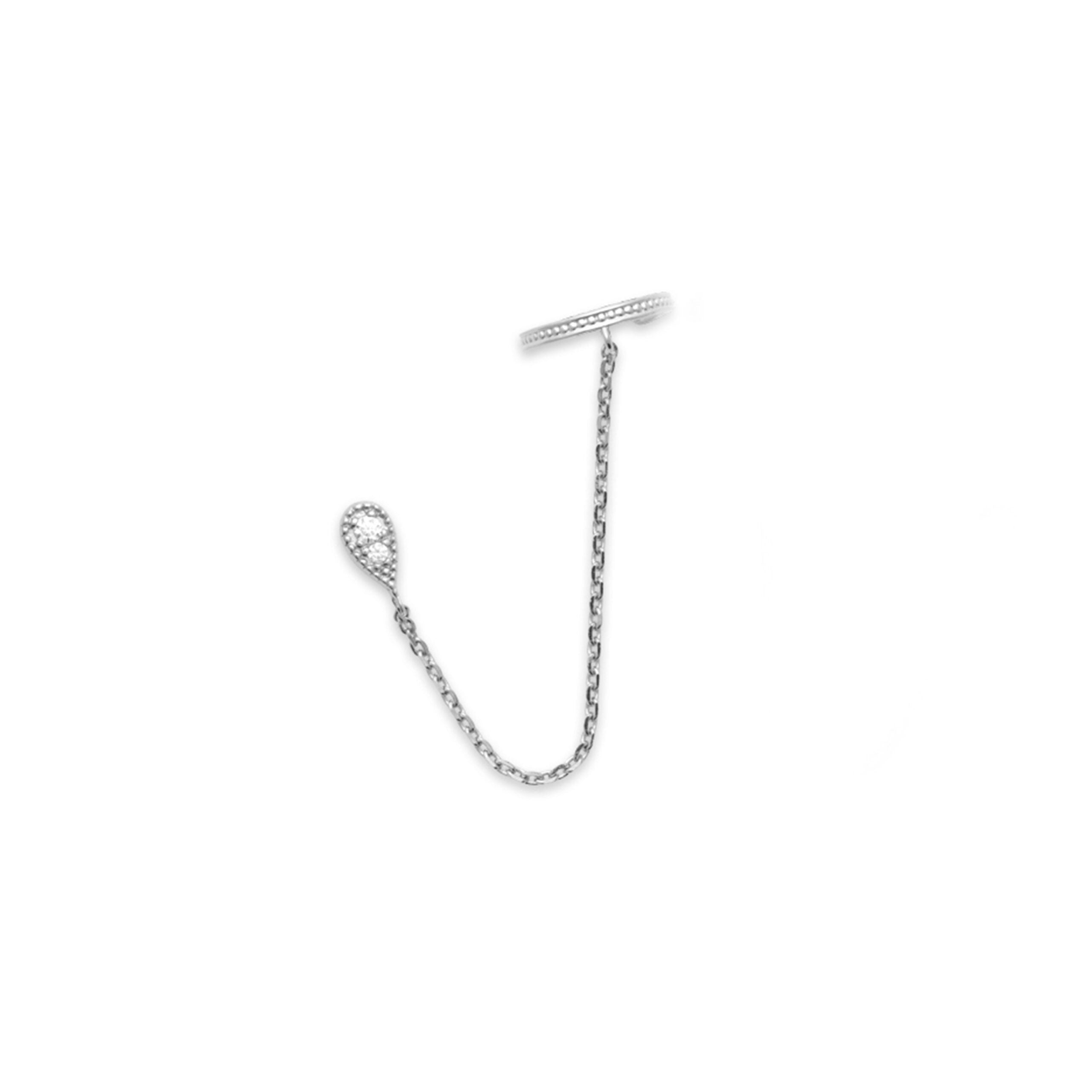 Boucle d'oreille à l'unité Adriana en argent puce motif goutte ornée de zircons avec chaîne pendante et bague d'oreille - Bijou sur fond blanc