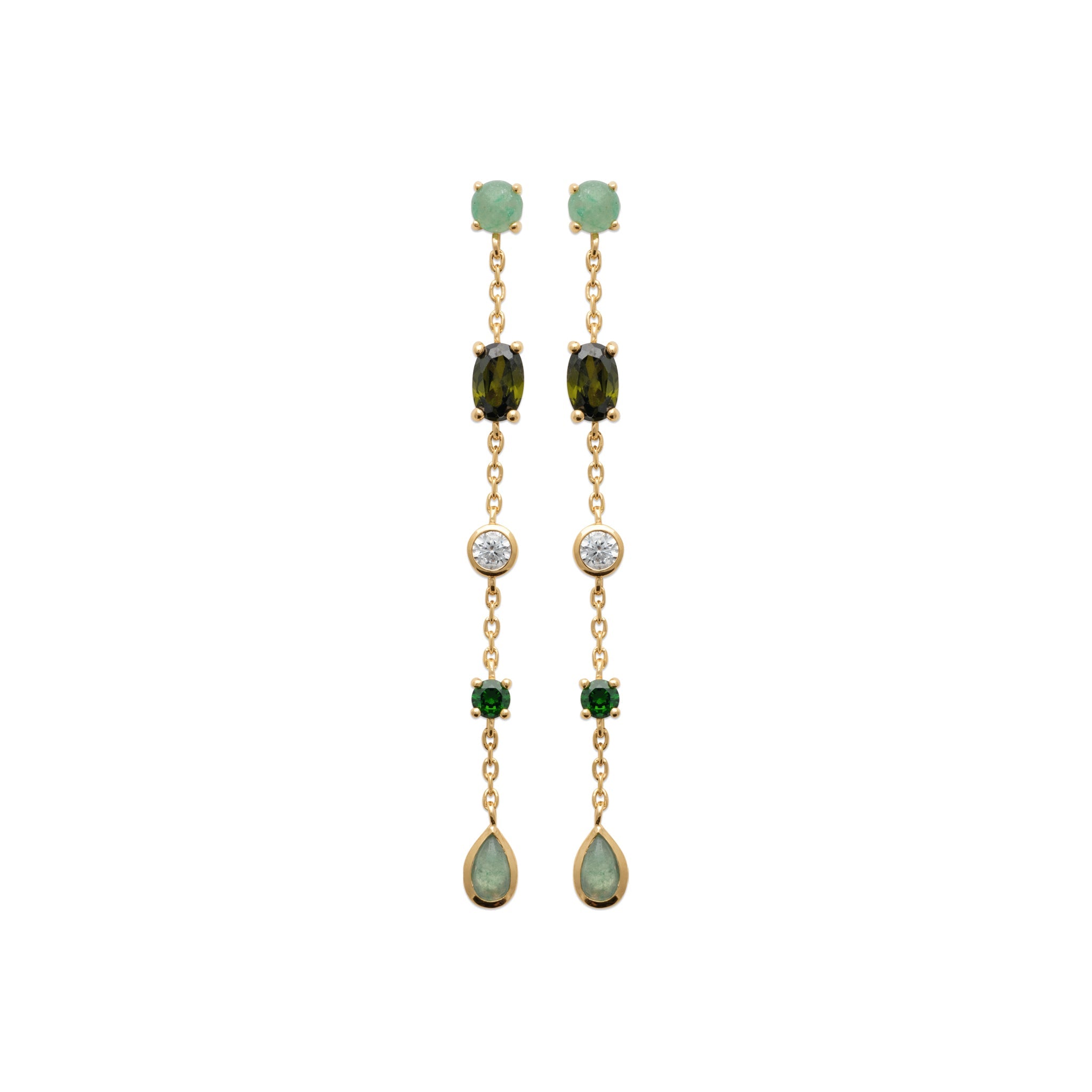 Boucles d'oreilles pendantes Dalia vert zircons et aventurine - Bijou photographié sur fond blanc