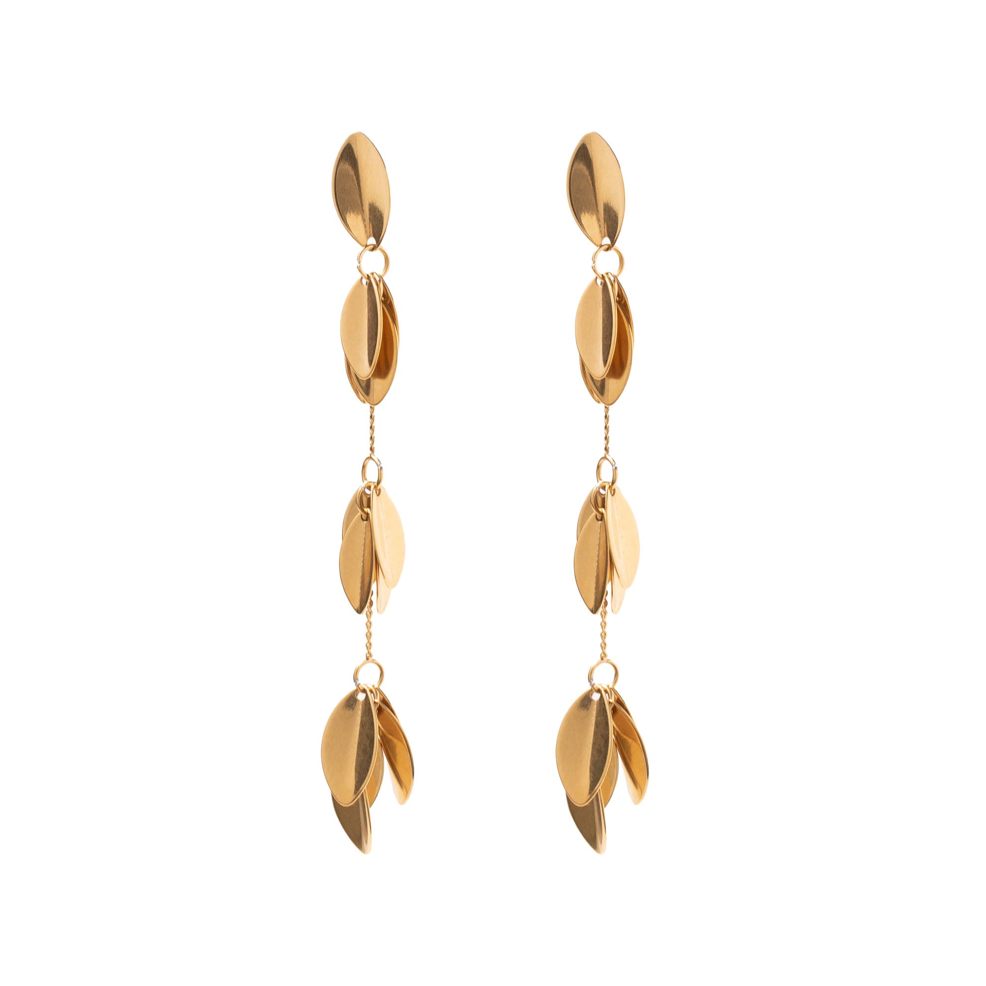 Boucles d'oreilles pendantes dorées Diah feuilles - Bijou photographié sur fond blanc