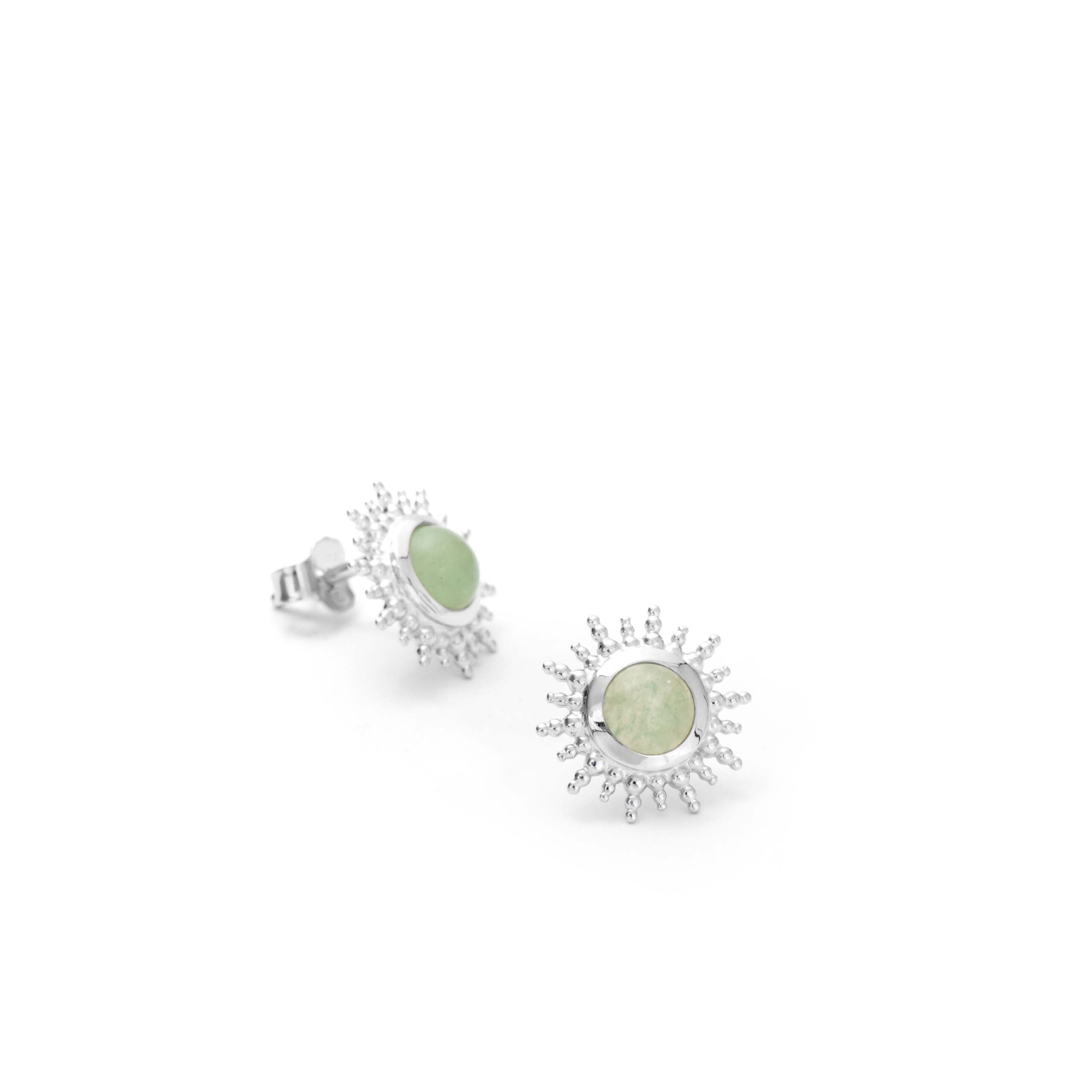 Boucles d'oreilles puces Buffy aventurine argent soleil avec pierre aventurine - Bijou photographié sur fond blanc