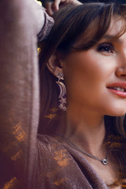 Boucles d'oreilles pendantes argentées Nocta motifs lunes et étoiles - Bijou porté