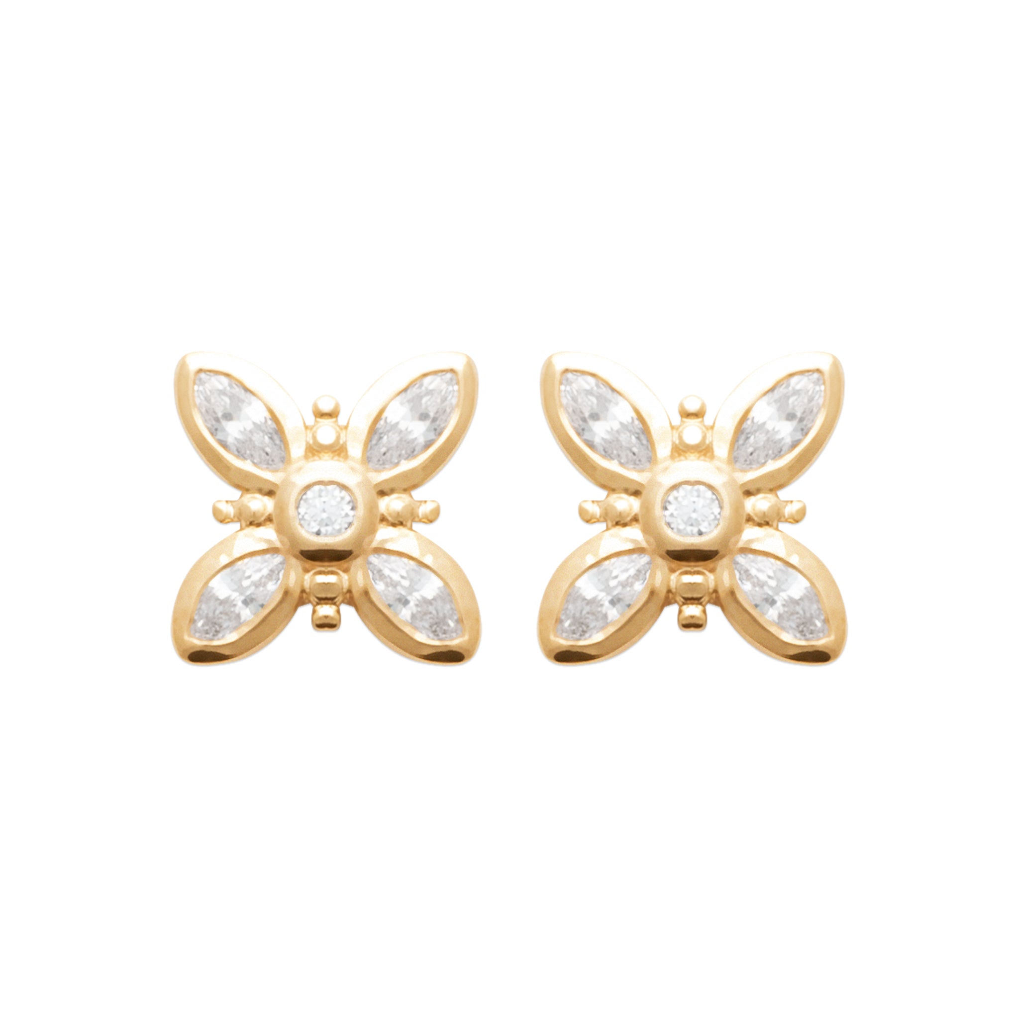 Boucles d'oreilles puces dorées Janis en forme de fleur ornées de zircons - Bijou sur fond blanc