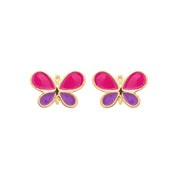 Boucles d'oreilles pour enfant dorées papillon rose et violet Justine - Bijou photographié sur fond blanc
