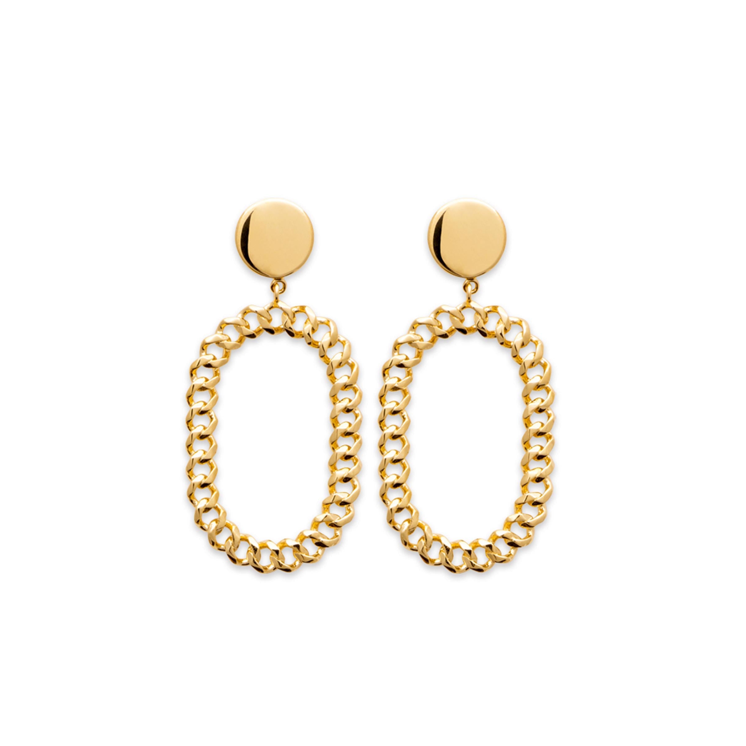 Boucles d'oreilles pendante dorées Lana pastille ronde lisse et anneau ovale en maille - Bijou sur fond blanc