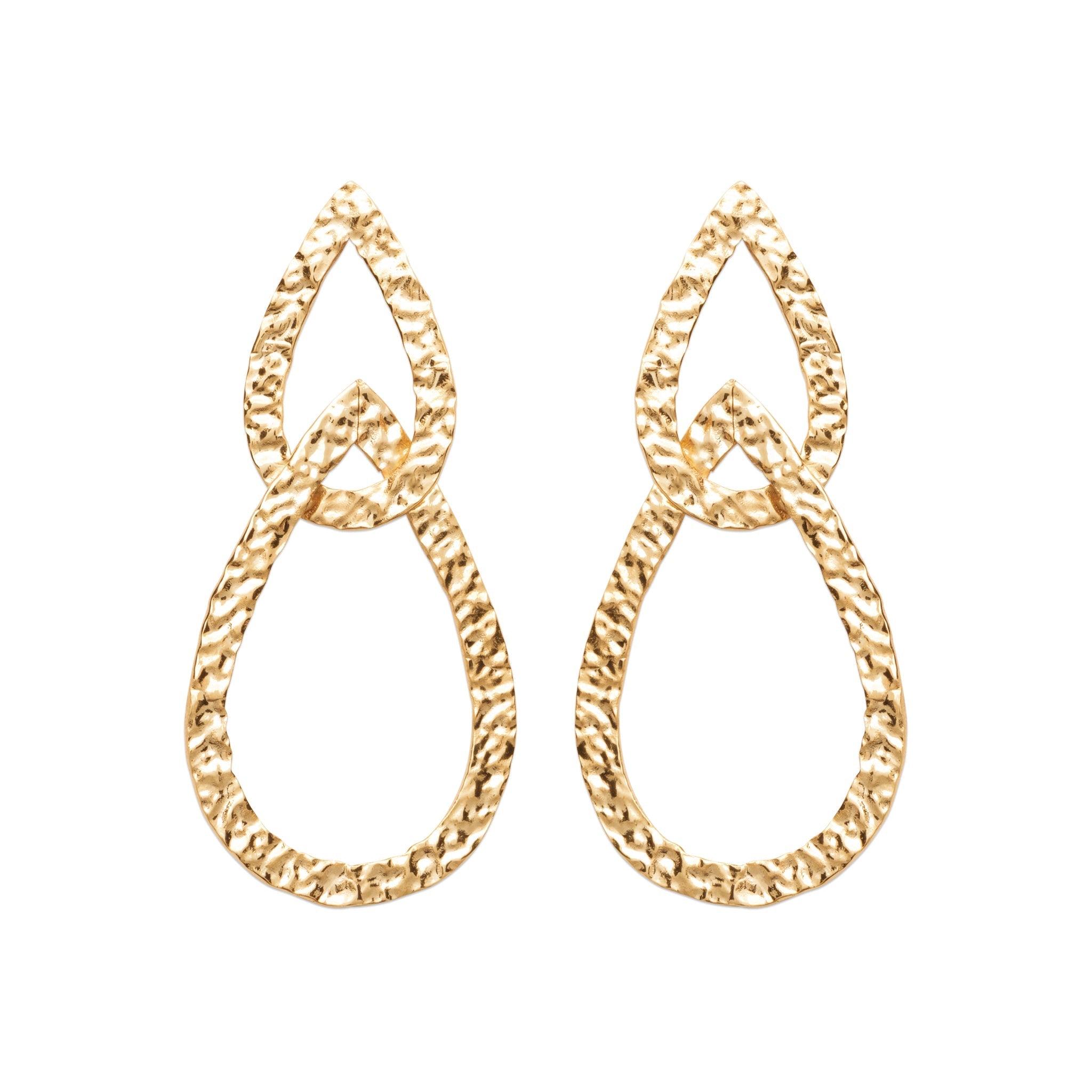  Boucles d'oreilles dorées Mariah pendantes doubles gouttes martelées - Bijou photographié sur fond blanc