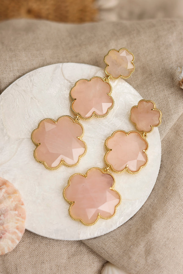 Boucles pendantes dorées Tharia quartz rose