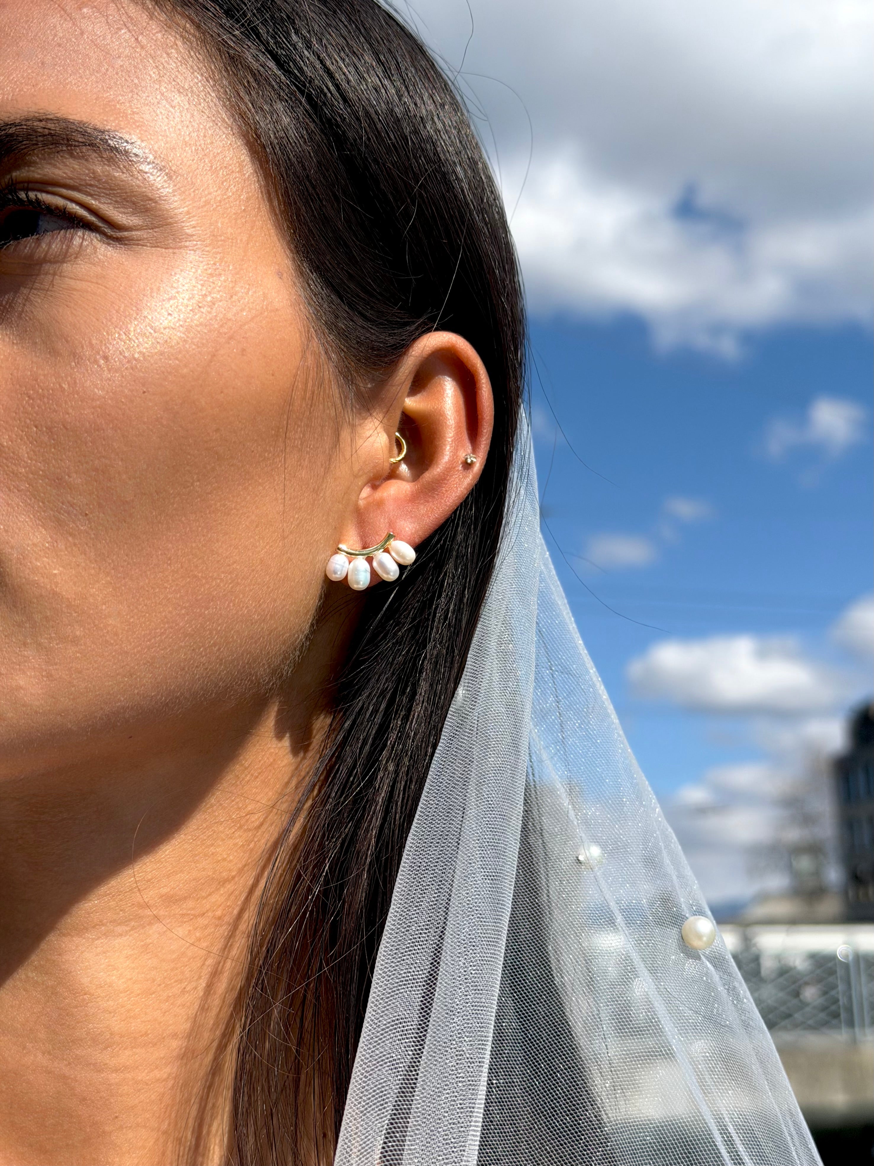 Boucles d'oreilles dorées Tijana effet barrette ornées de nacres - Bijou porté