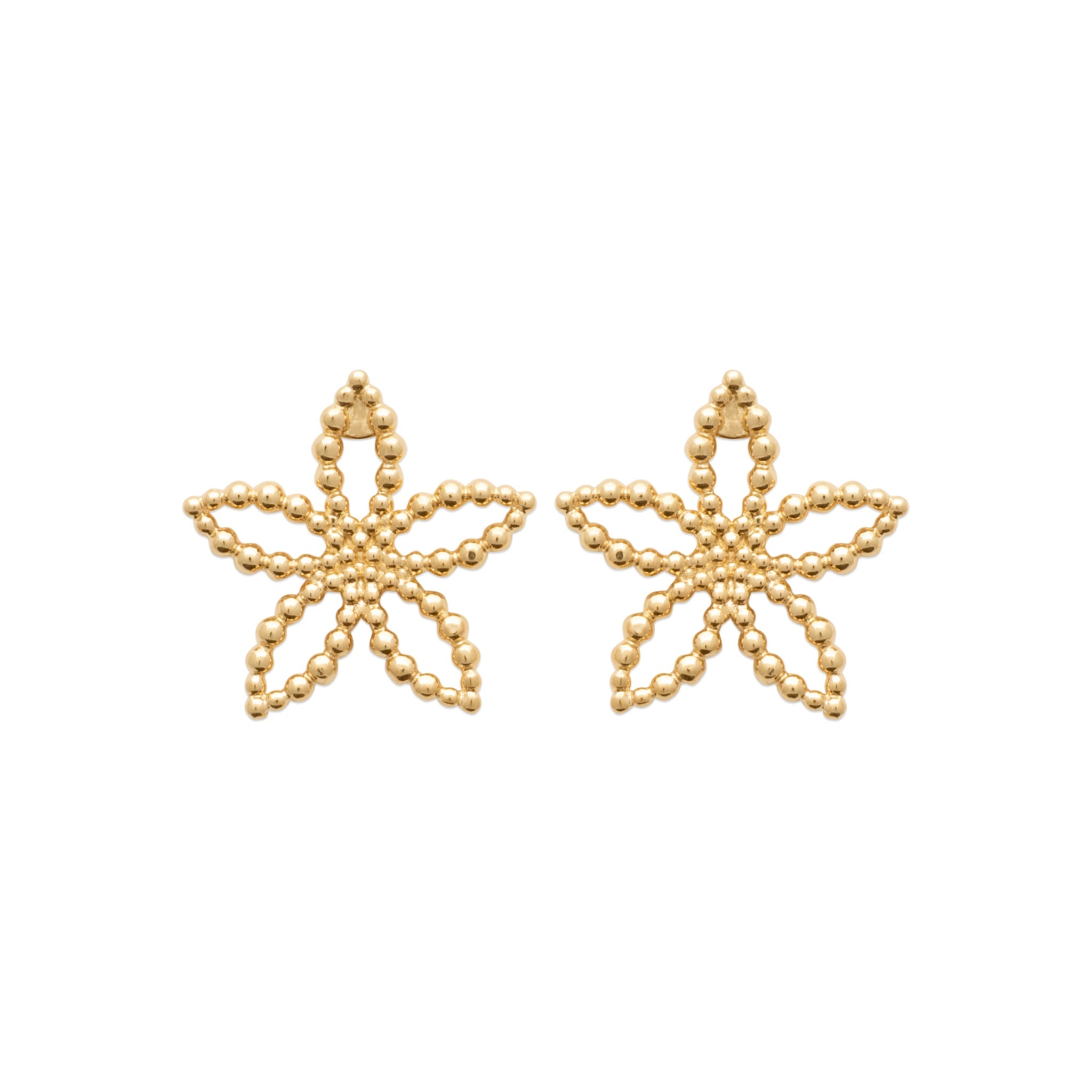  Boucles d'oreilles puces Bali dorées fleur de frangipanier - Bijou photographié sur fond blanc