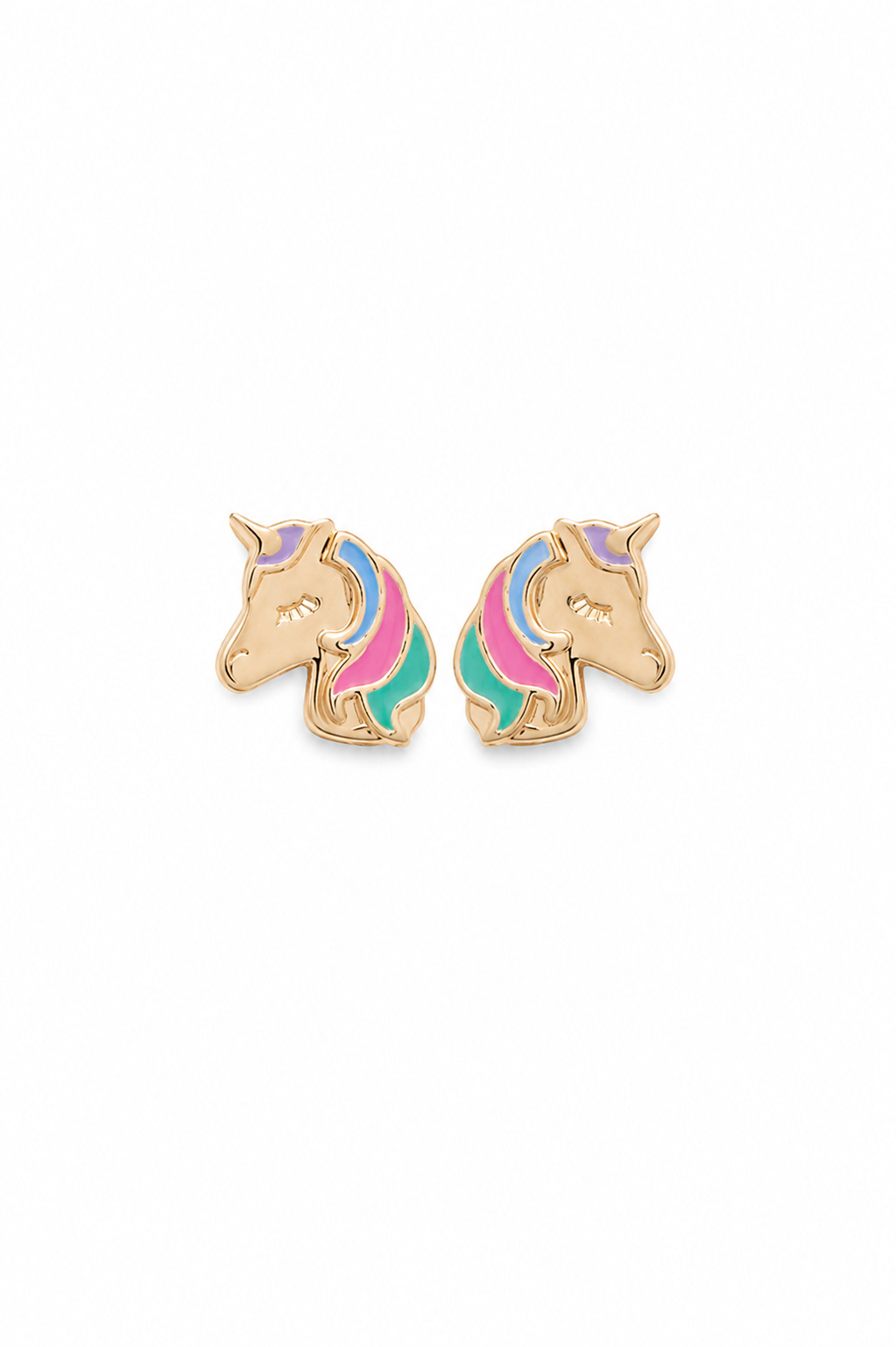 Boucles d’oreilles dorées pour enfant licorne - Bijou sur fond blanc