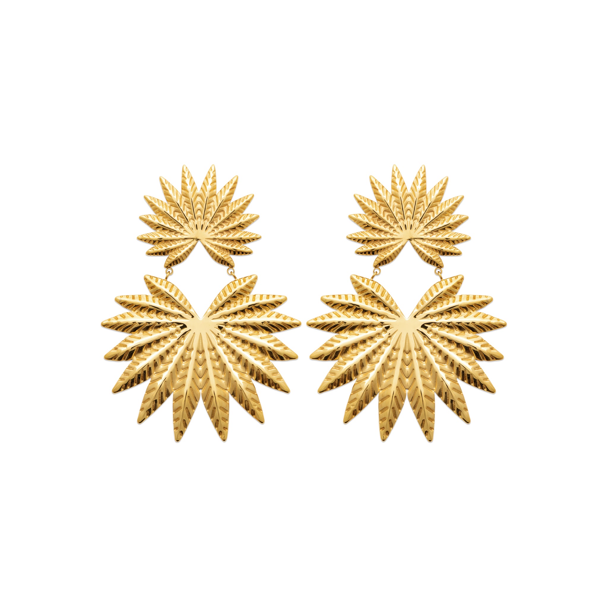 Boucles d'oreilles pendantes dorées Idalia feuilles - Bijou sur fond blanc
