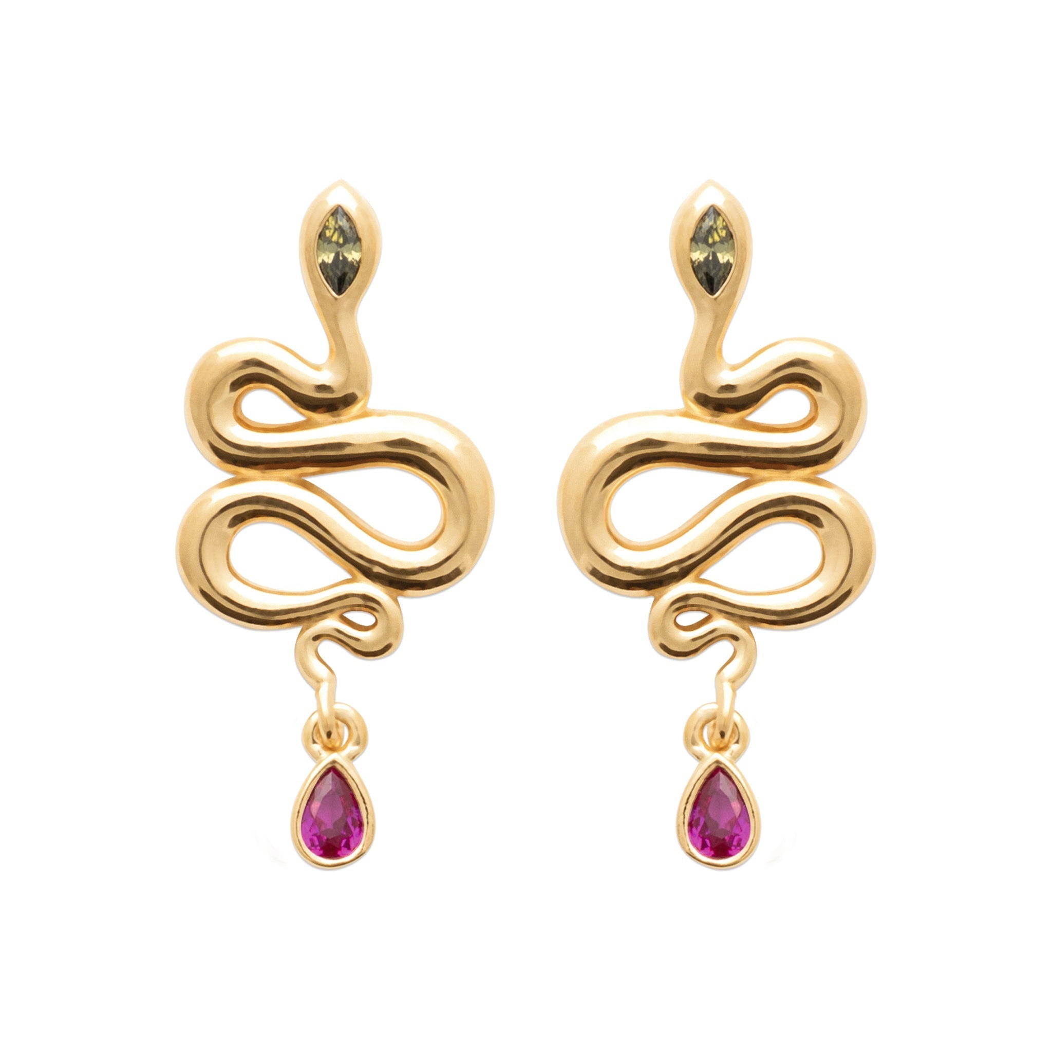 Boucles d'oreilles dorées Jules serpent avec zircon vert et pendentif zircon rose - Bijou photographié sur fond blanc