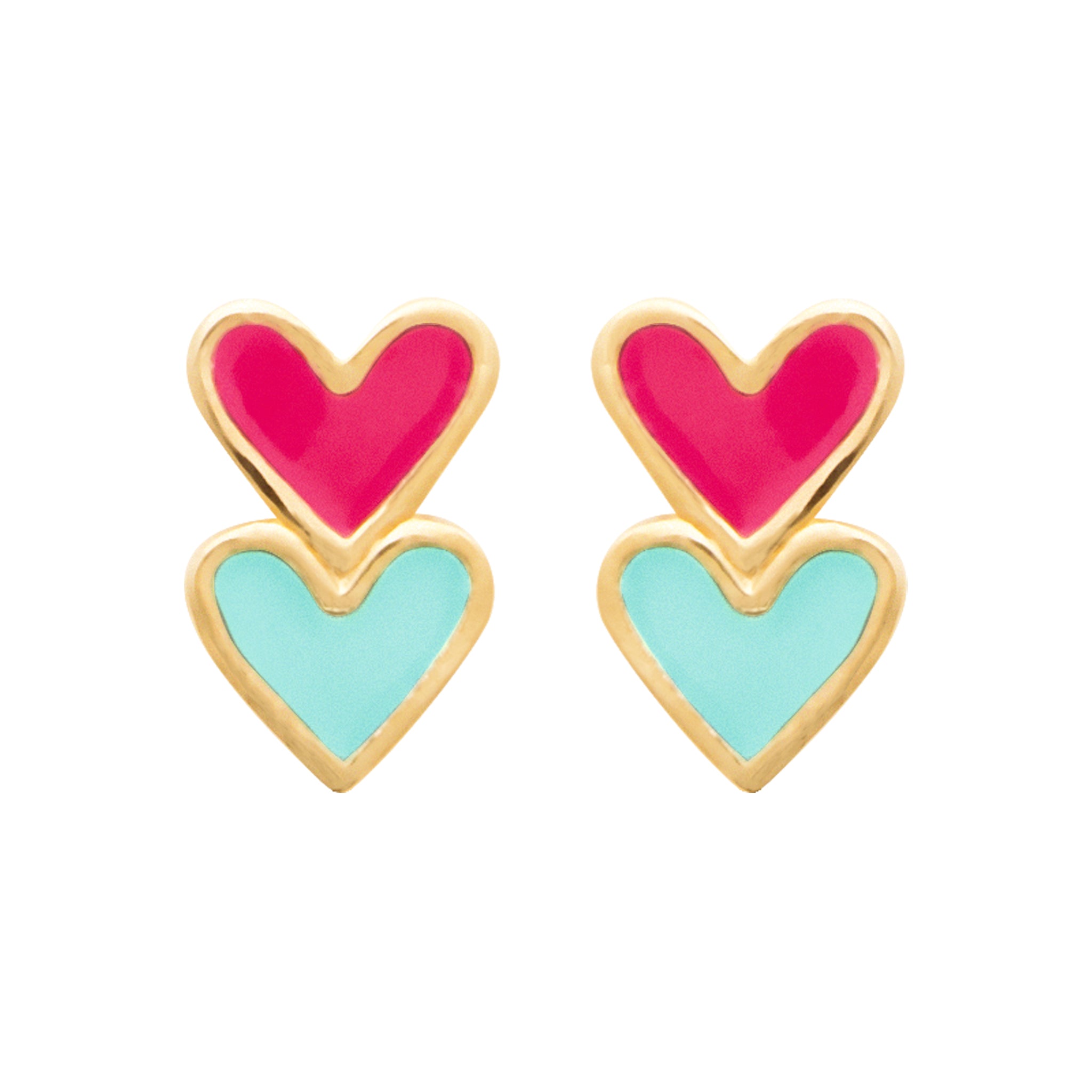 Boucles d'oreilles pour enfant dorées cœurs colorés Lily-Rose - Bijou photographié sur fond blanc