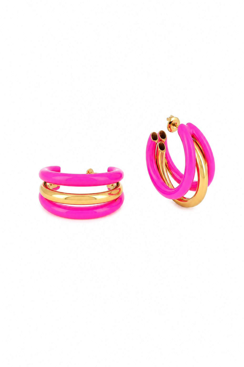 Boucles d'oreilles dorées et rose effet triple créoles Katiana M fuchsia - Bijou sur fond blanc