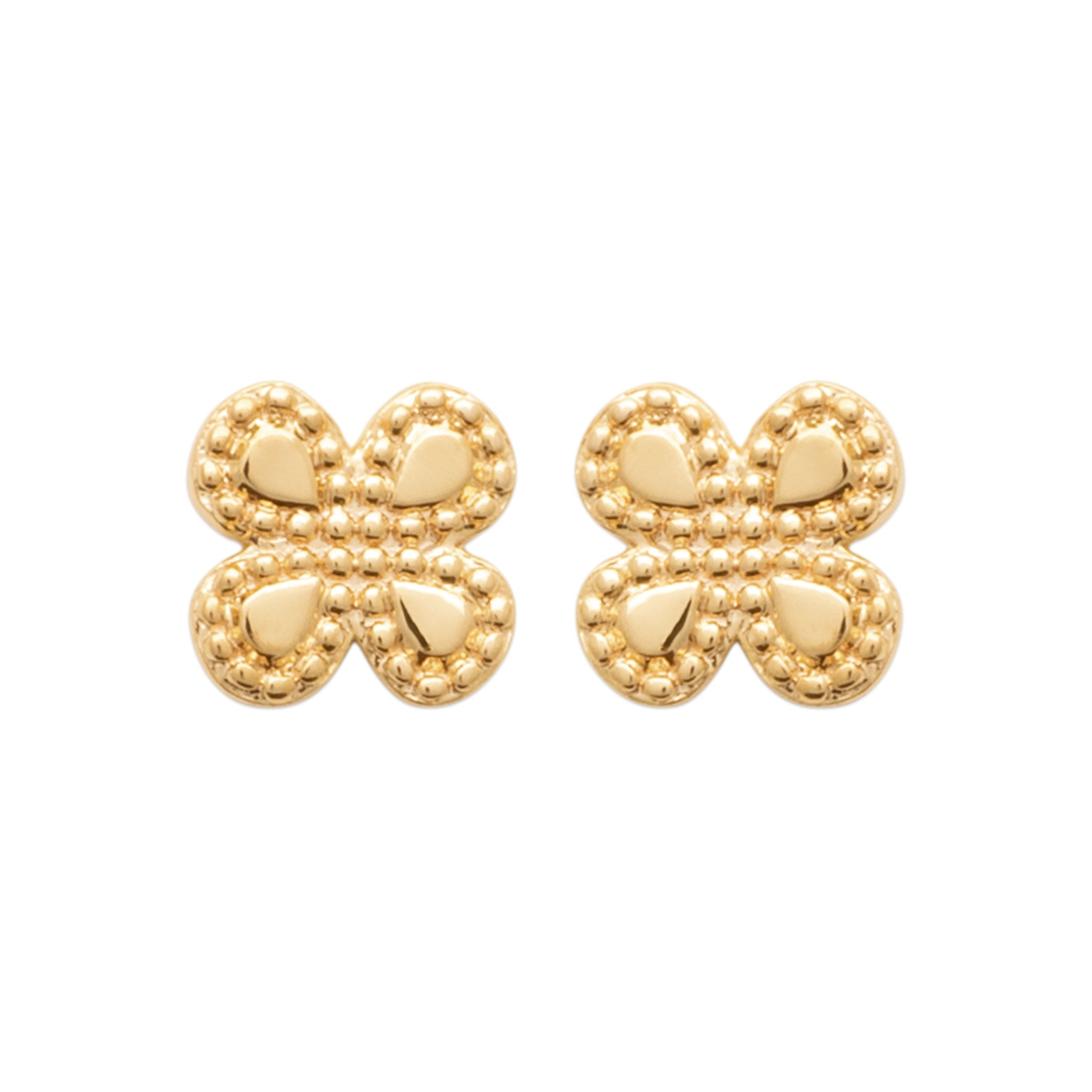 Boucles d'oreilles puces dorées trèfles Mia - Bijou photographié sur fond blanc
