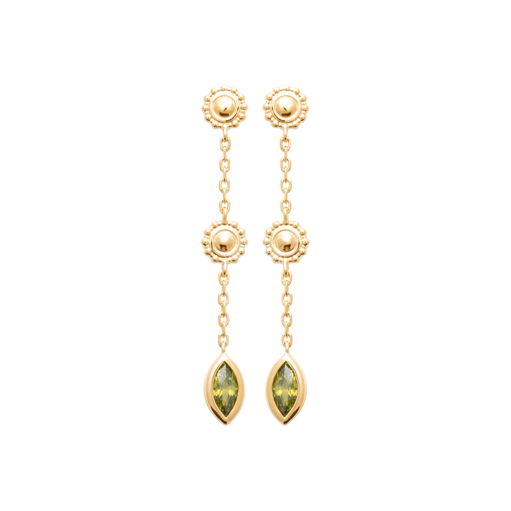 Boucles pendantes dorées Tia œil zircon vert kaki - Bijou photographié sur fond blanc