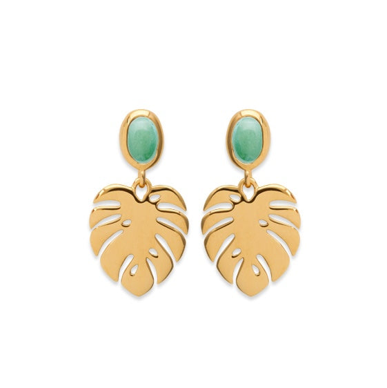 Boucles d'oreilles pendantes dorées aventurine et feuille de monstera - Bijou photographié sur fond blanc