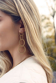 Boucles d’oreilles pendantes dorées Divia composées d’anneaux torsadés entrelacés - Bijou porté
