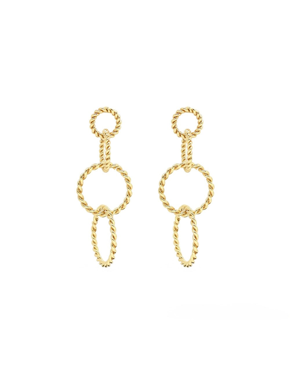 Boucles d’oreilles pendantes dorées Divia composées d’anneaux torsadés entrelacés - Bijou photographié sur fond blanc