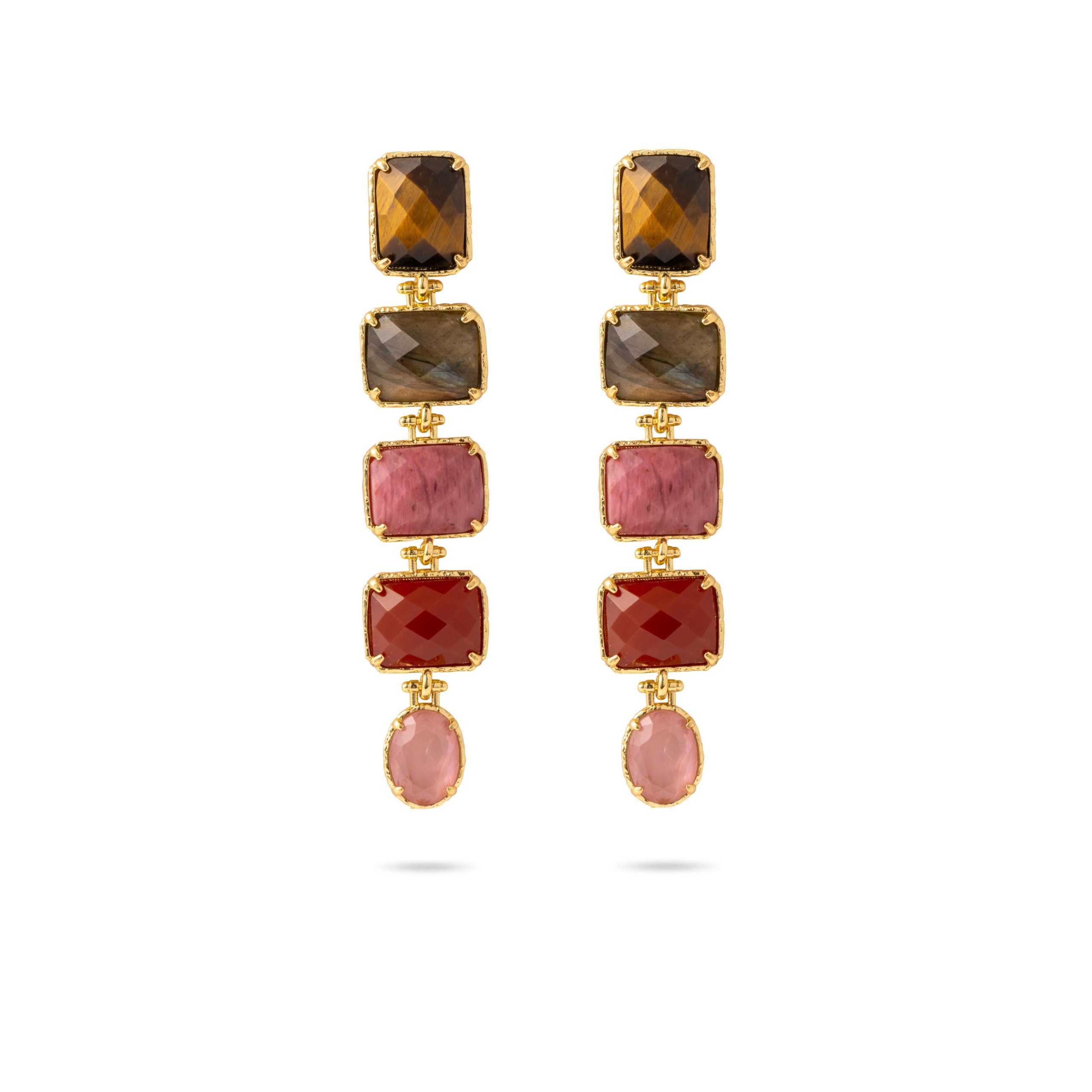 Boucles d'oreilles pendantes dorées pierres naturelles Shona - Bijou photographié sur fond blanc