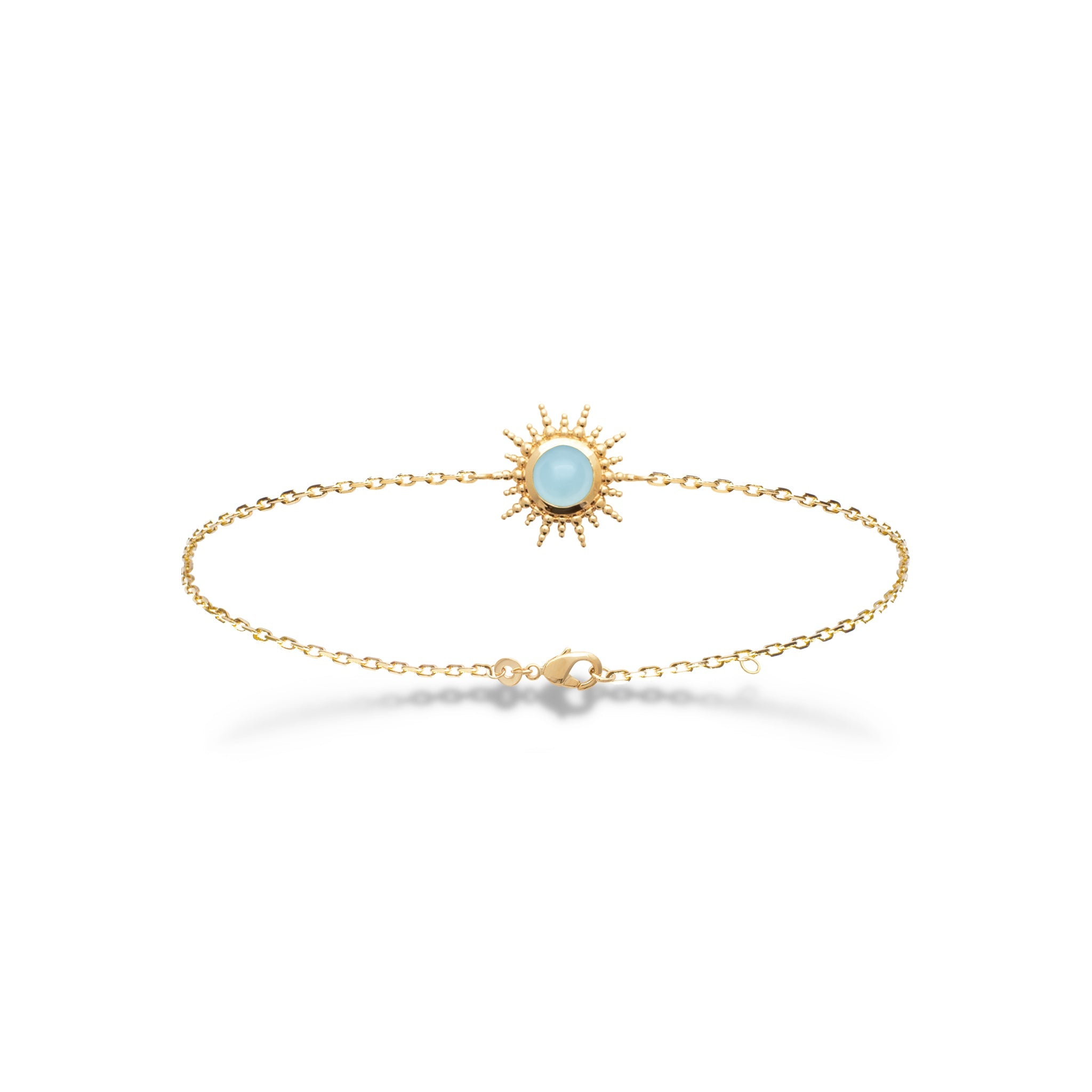 Bracelet doré Buffy aigue marine soleil empierré - Bijou photographié sur fond blanc