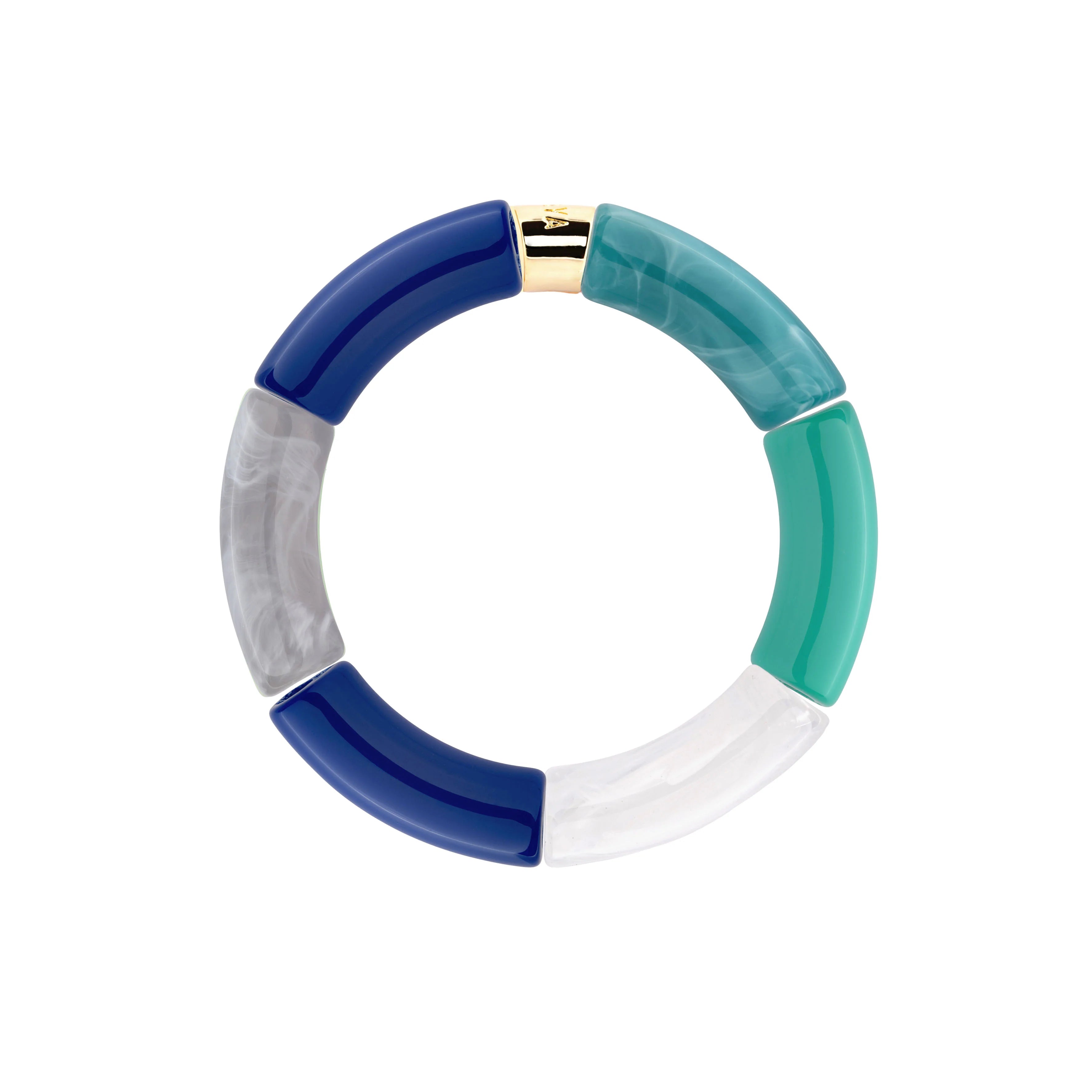 Bracelet doré en résine et acrylique turquoise, bleu, gris et blanc Oceano 1 - Bijou photographié sur fond blanc