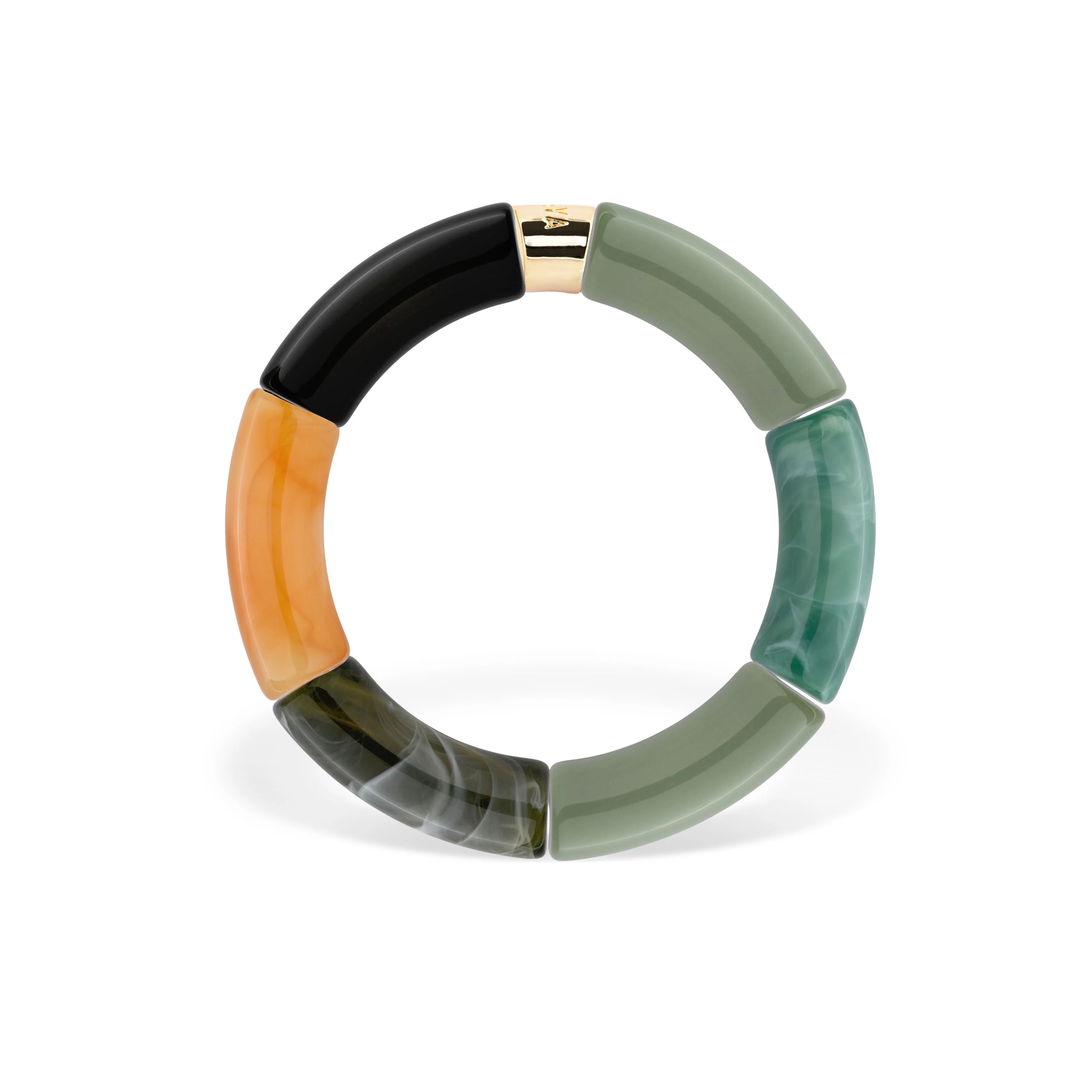 Bracelet doré en résine et acrylique vert, orange et noir Pipoca Cactus 2 - Bijou photographié sur fond blanc