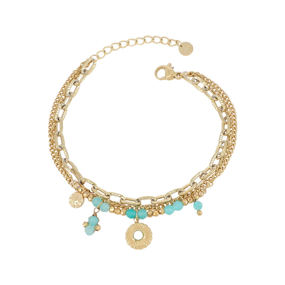Bracelet triple Nino doré avec amazonite et pendentifs - Bijou photographié sur fond blanc