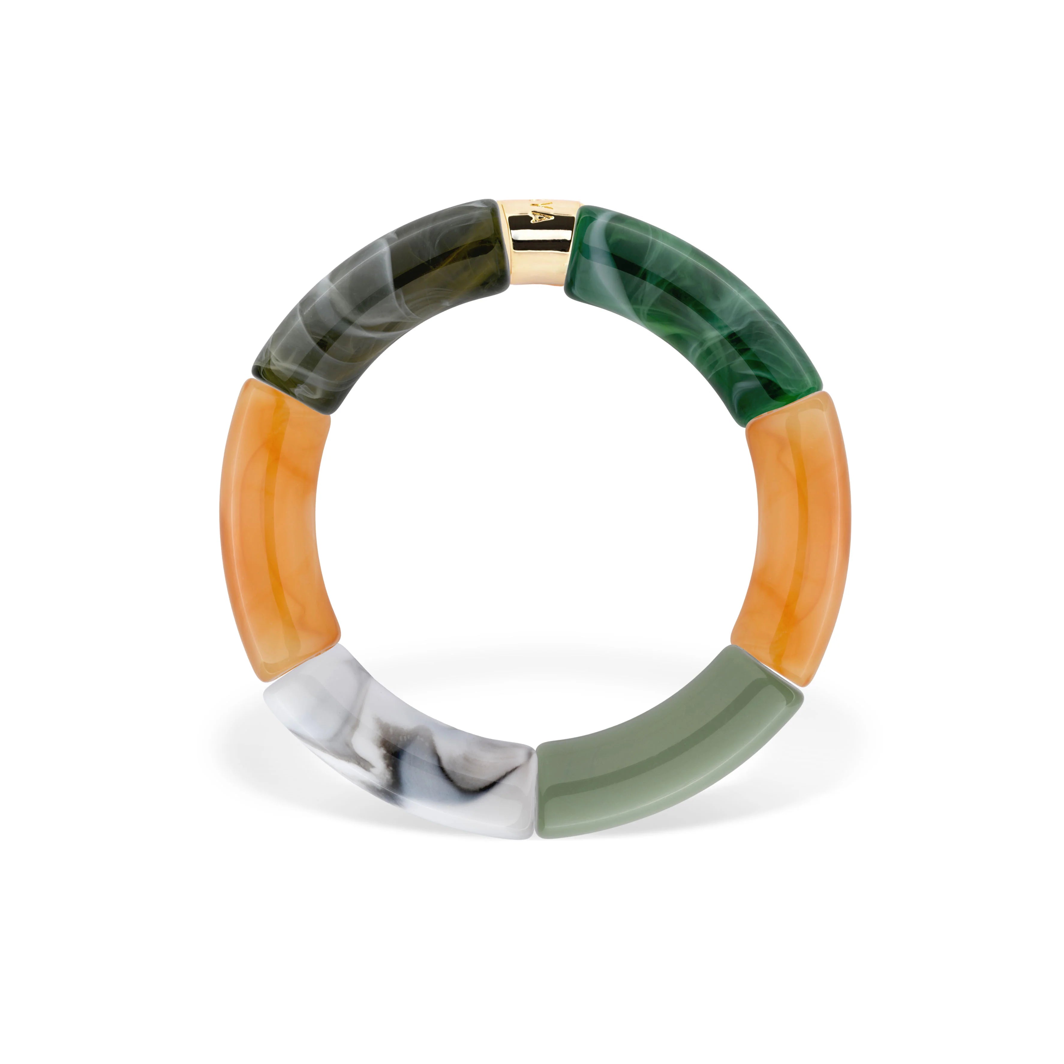 Bracelet doré en résine et acrylique vert, orange et blanc Pipoca Cactus 1 - Bijou photographié sur fond blanc