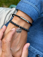 Bracelet en perles d'agate noire mate pour médaille à graver Alba M en argent Leo 6 mm - Bijou porté