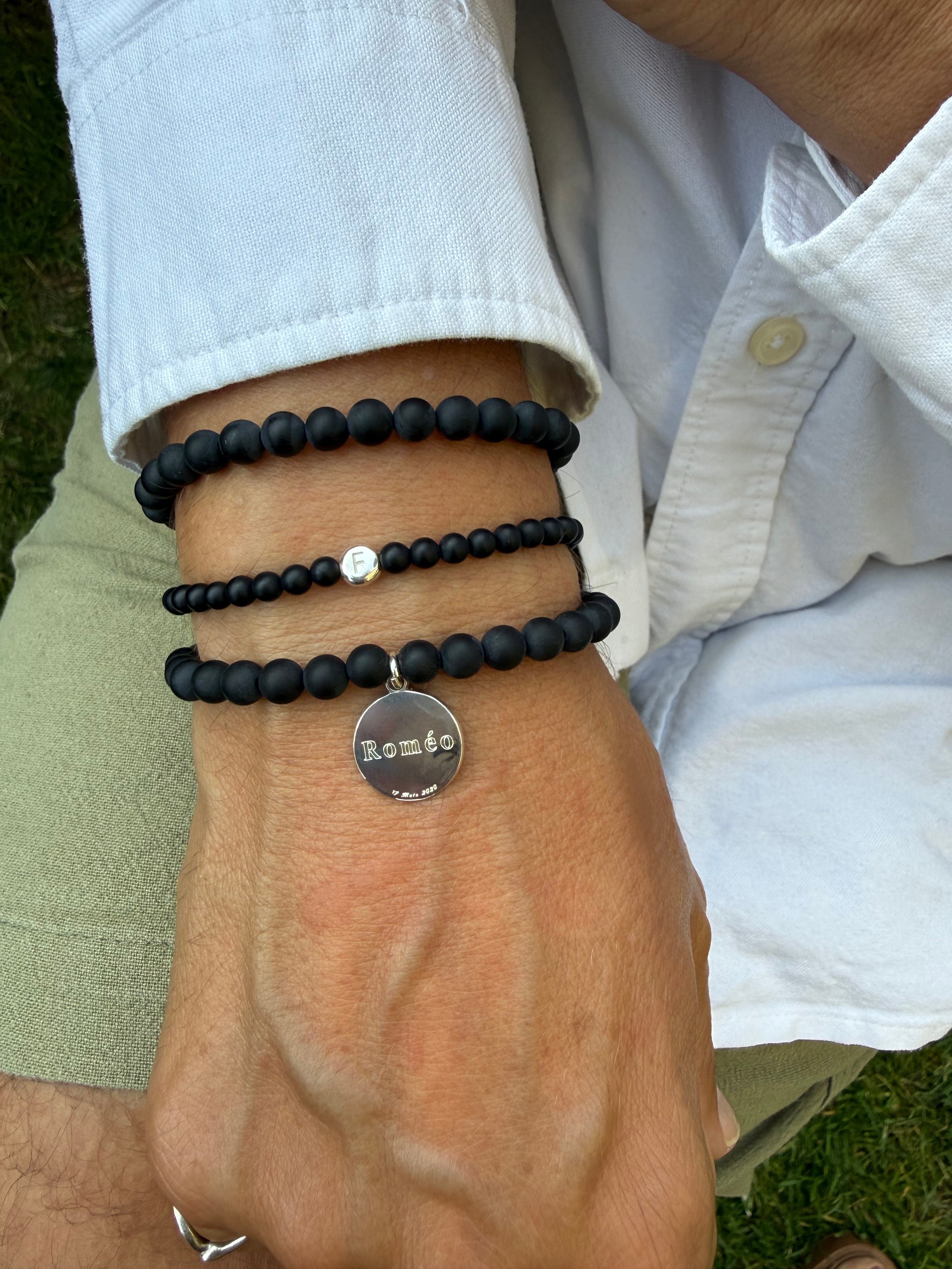 Bracelet en perles d'agate noire mate pour médaille à graver Alba M en argent Leo 6 mm - Bijou porté