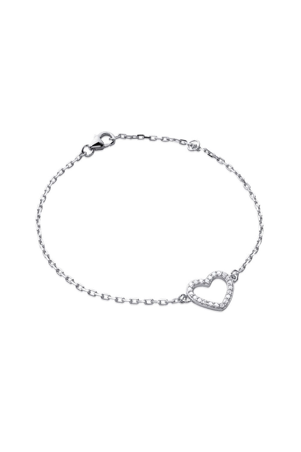 Bracelet en argent Amora maille fine avec cœur serti de zircons - Bijou photographié sur fond blanc