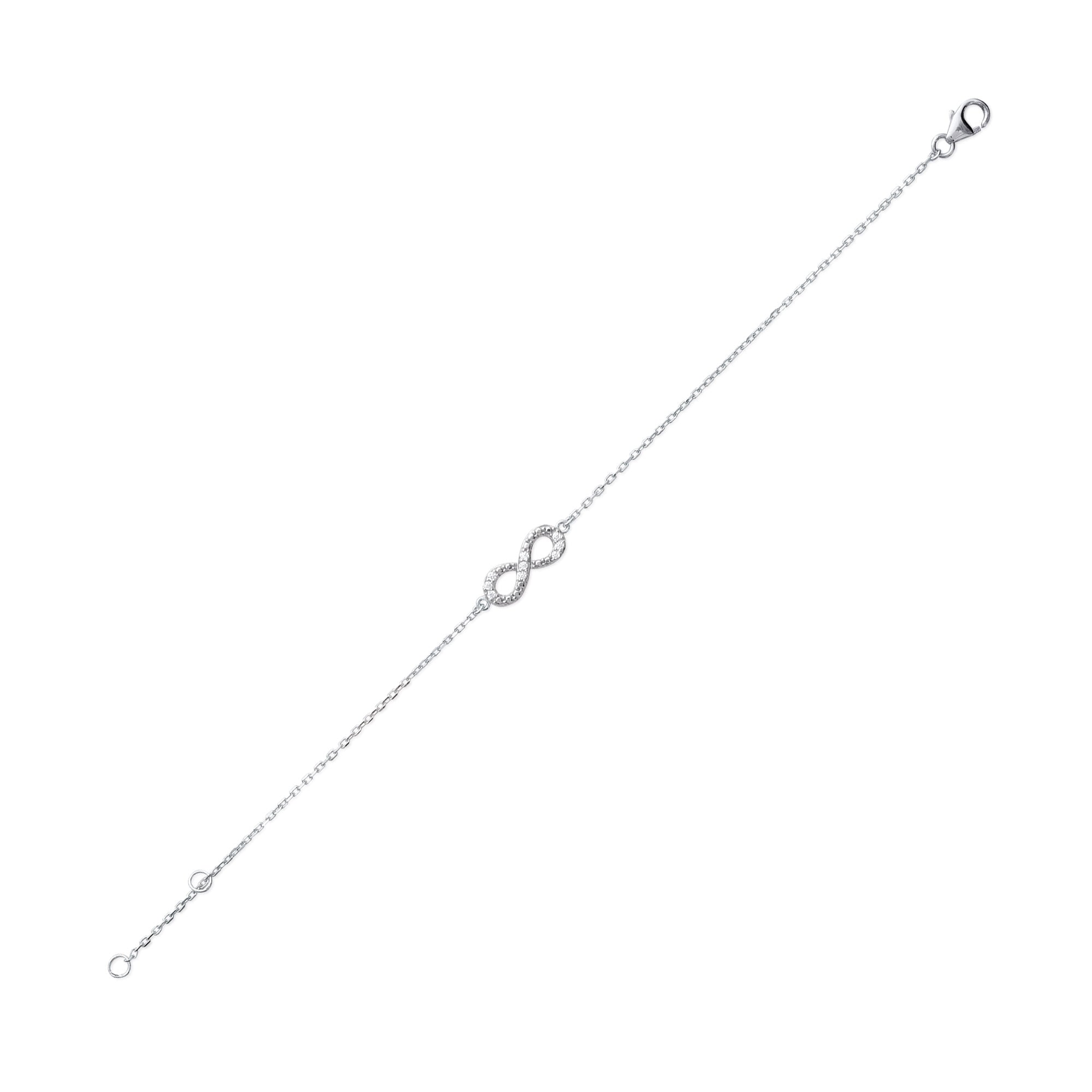 Bracelet en argent symbole de l'infini serti de zircons - Bijou photographié sur fond blanc