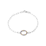 Bracelet argent Rainbow maille fine avec anneau serti de zircons multicolores - Bijou photographié sur fond blanc